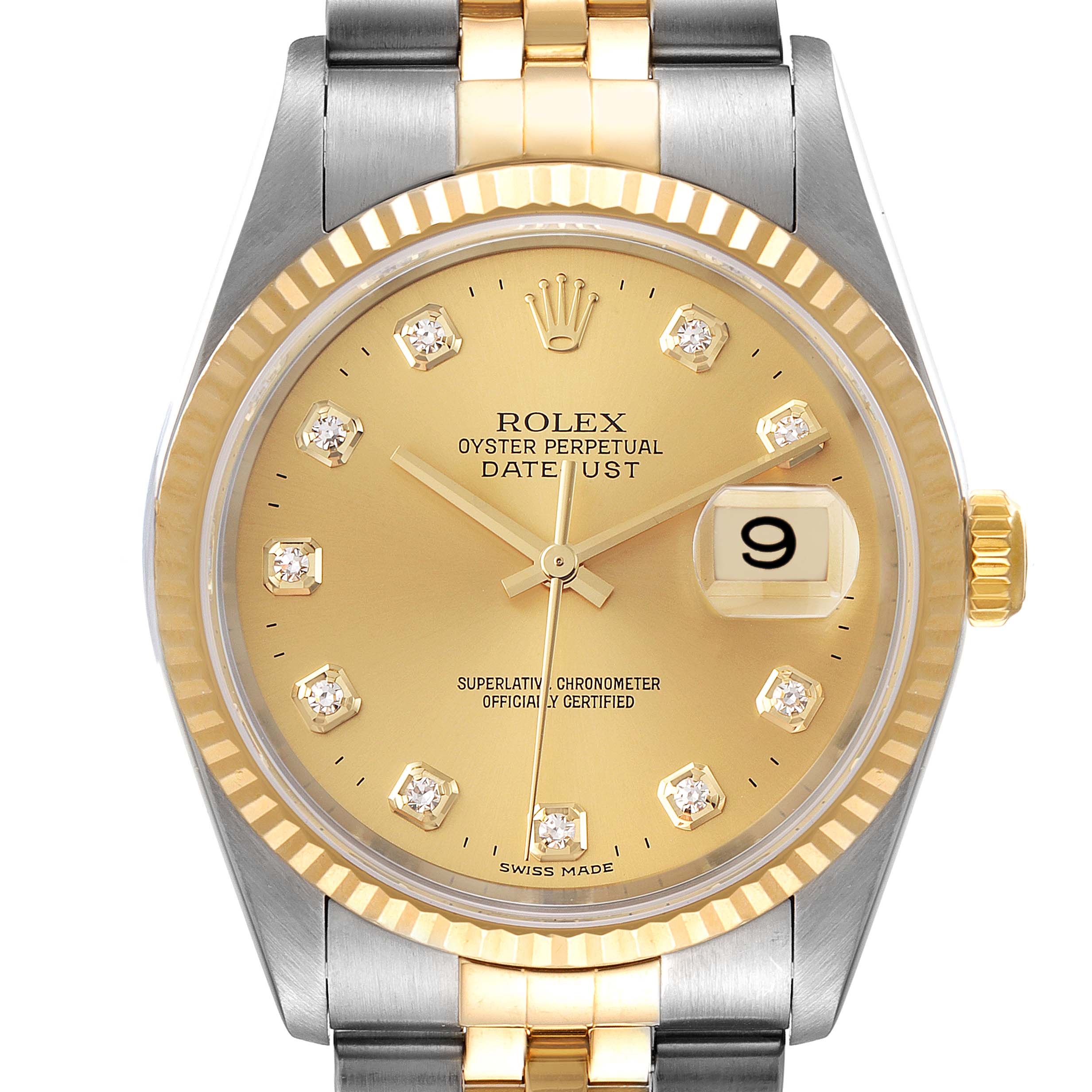 This image shows a frontal close-up of a Rolex Datejust 16233 Men's Steel and Gold (two tone) Champagne Dial 16233 Men's Steel and Gold (two tone) Champagne Dial watch, displaying the dial, bezel, and part of the bracelet.