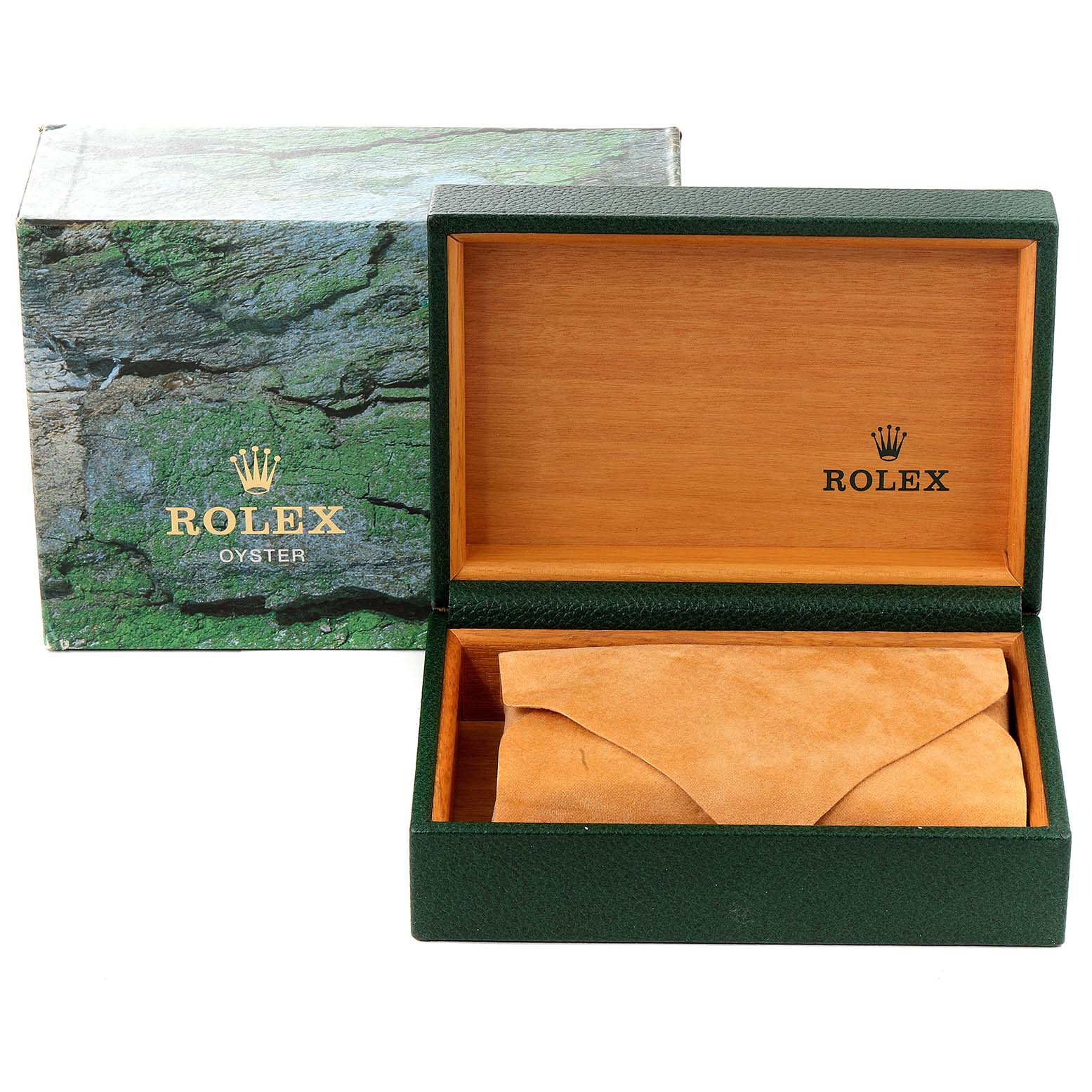 The image shows an open Rolex Datejust 16233 Men's Steel and Gold (two tone) Champagne Dial 16233 Men's Steel and Gold (two tone) Champagne Dial watch box with an outer box and a suede pouch inside.