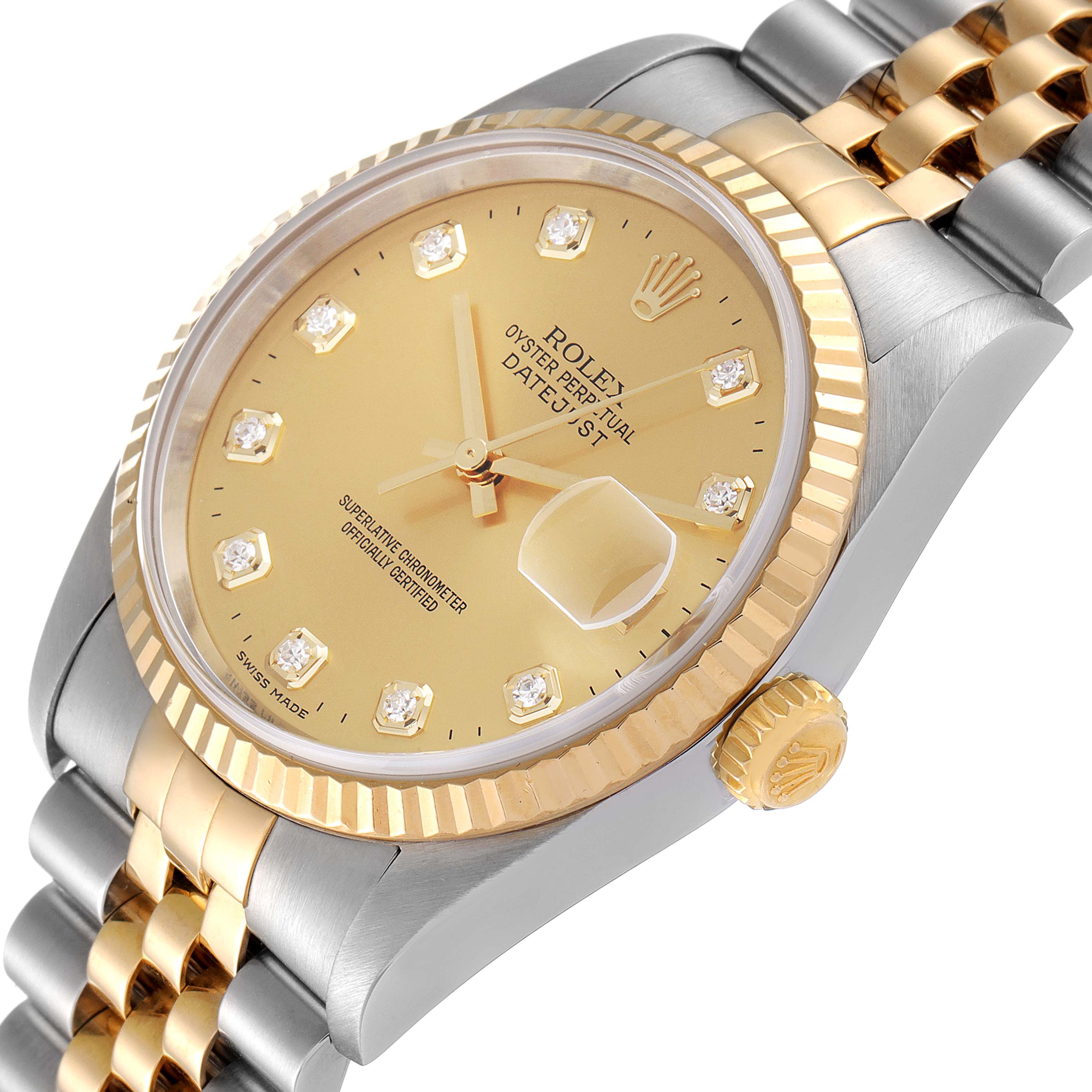This image shows the Rolex Datejust 16233 Men's Steel and Gold (two tone) Champagne Dial 16233 Men's Steel and Gold (two tone) Champagne Dial watch from an angled side view, highlighting its two-tone bezel, dial, and bracelet.