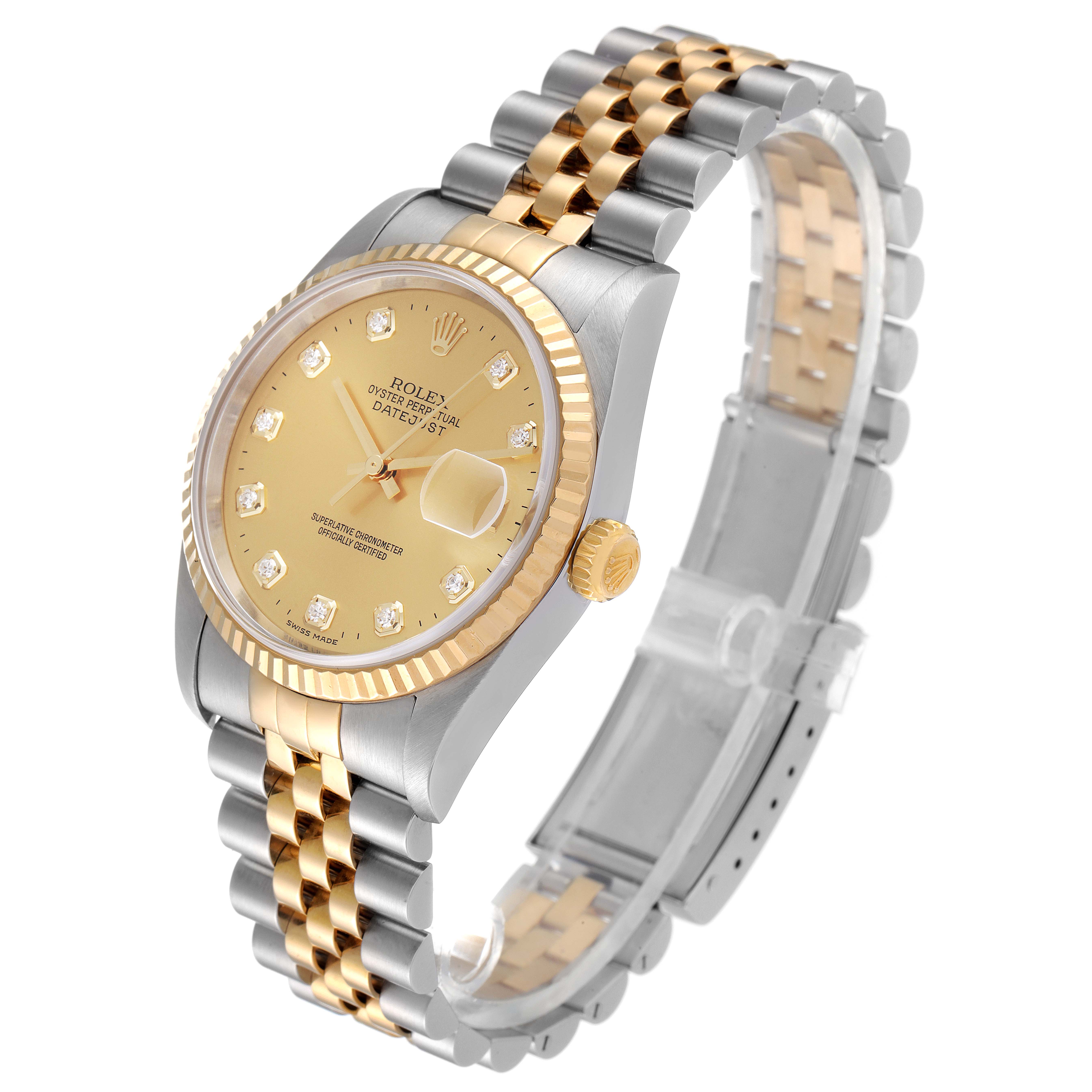 This image shows a three-quarter angle of a Rolex Datejust 16233 Men's Steel and Gold (two tone) Champagne Dial 16233 Men's Steel and Gold (two tone) Champagne Dial watch highlighting its face, bezel, crown, and jubilee bracelet.