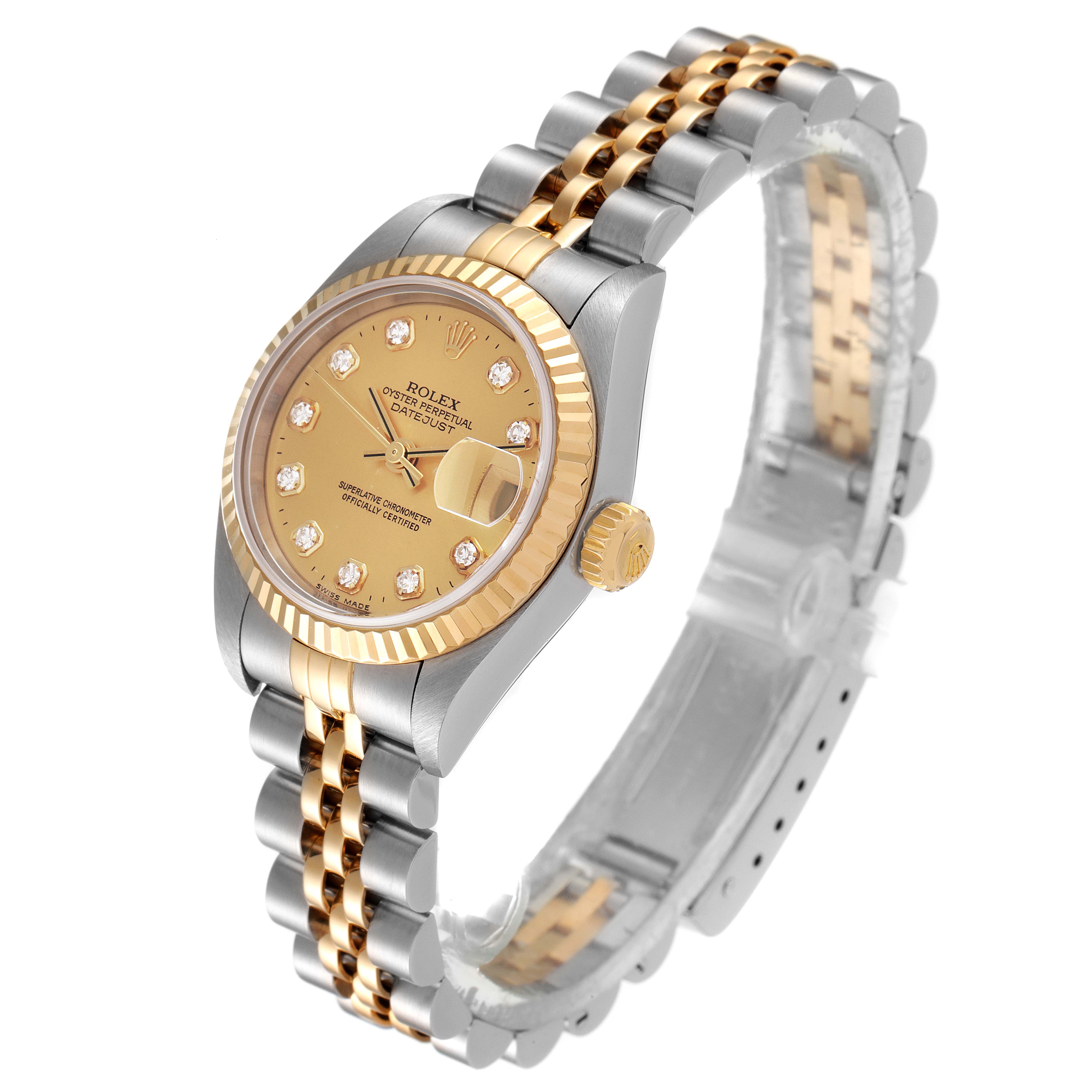 This image shows a Rolex Datejust 79173 Women
s Steel and Gold (two tone) Champagne Dial 79173 Women
s Steel and Gold (two tone) Champagne Dial watch at a three-quarter angle, highlighting the case, bezel, dial, crown, and bracelet.