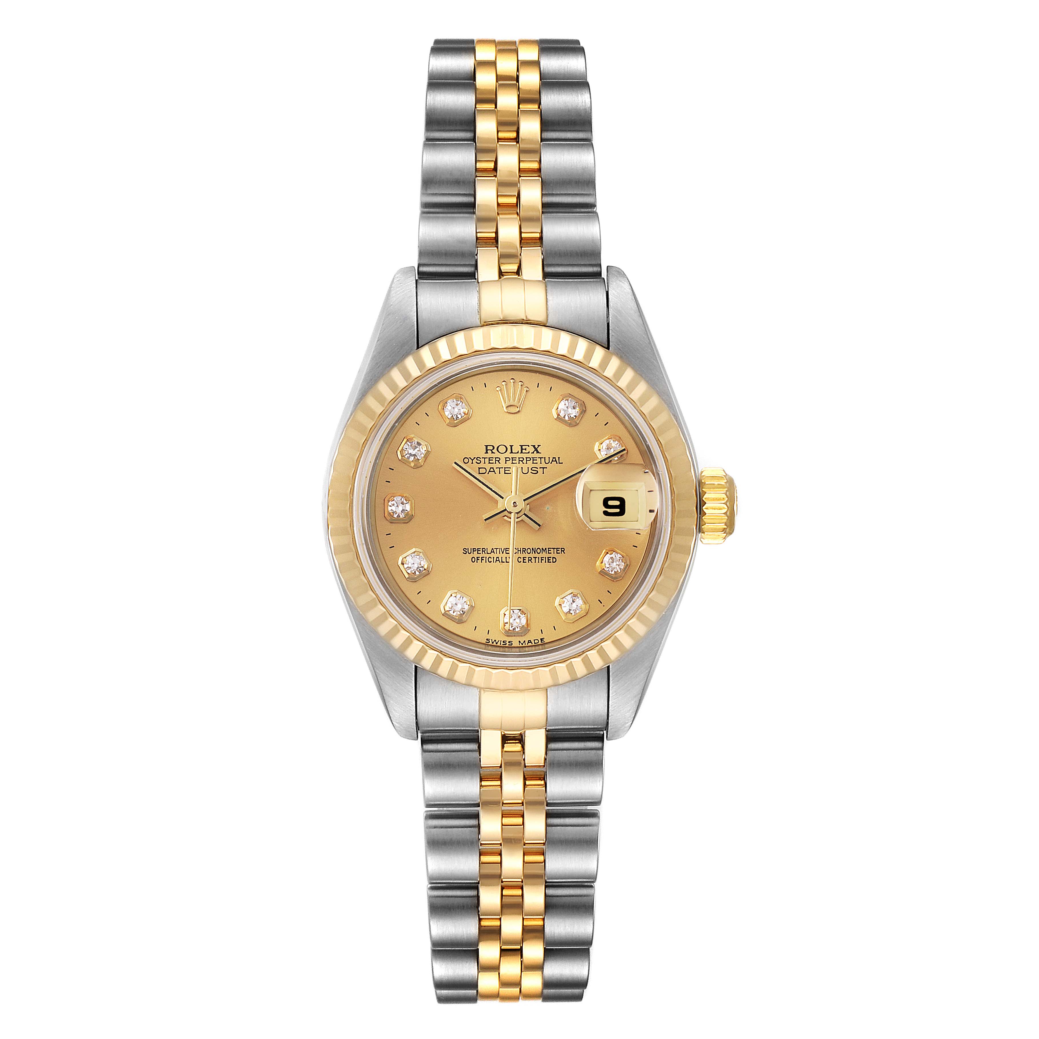 The image shows a front view of a Rolex Datejust 79173 Women
s Steel and Gold (two tone) Champagne Dial 79173 Women
s Steel and Gold (two tone) Champagne Dial watch with a two-tone bracelet, gold dial, date display, and diamond markers.