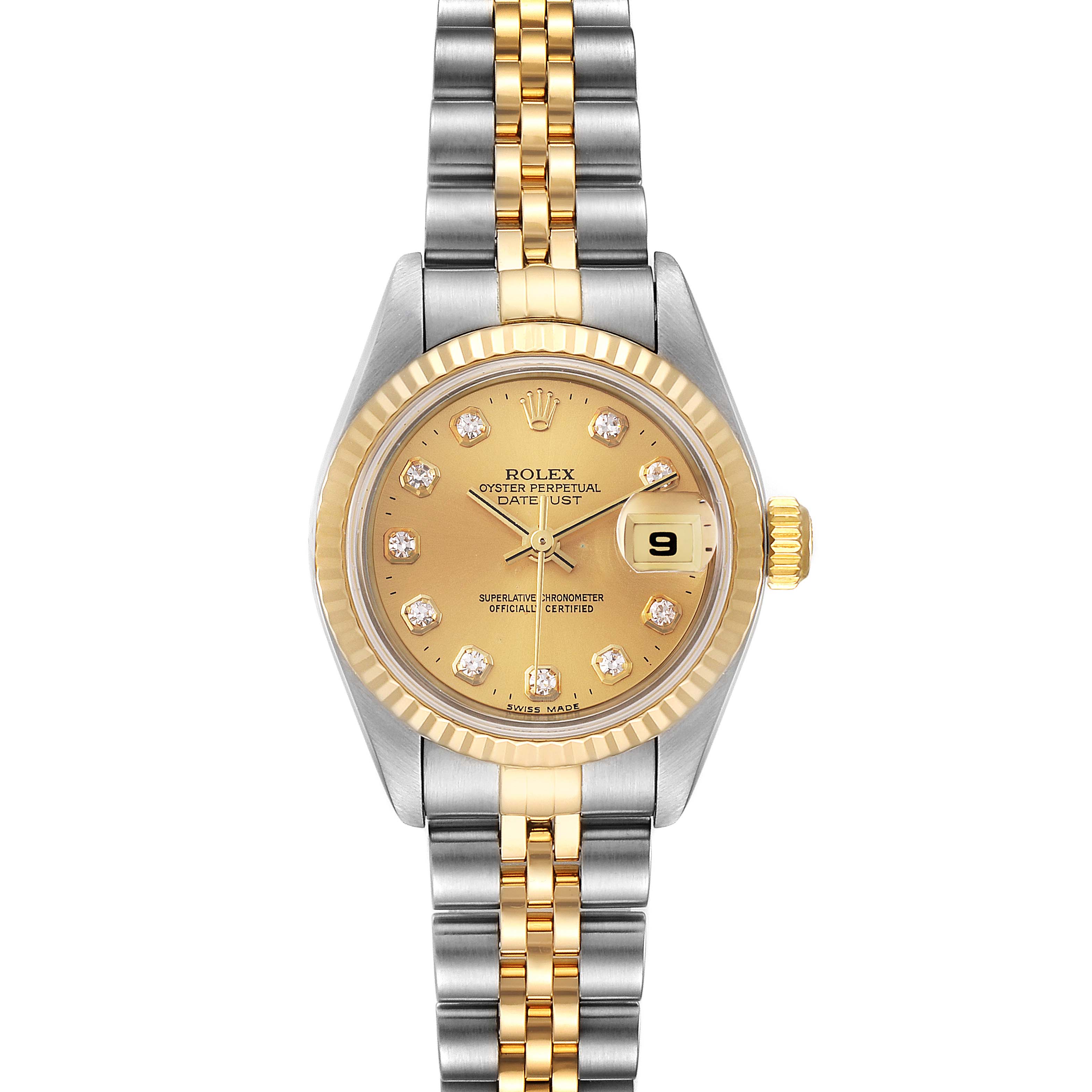 This image shows a Rolex Datejust 79173 Women
s Steel and Gold (two tone) Champagne Dial 79173 Women
s Steel and Gold (two tone) Champagne Dial watch with a two-tone bracelet, gold dial, and diamond hour markers, viewed from the front.