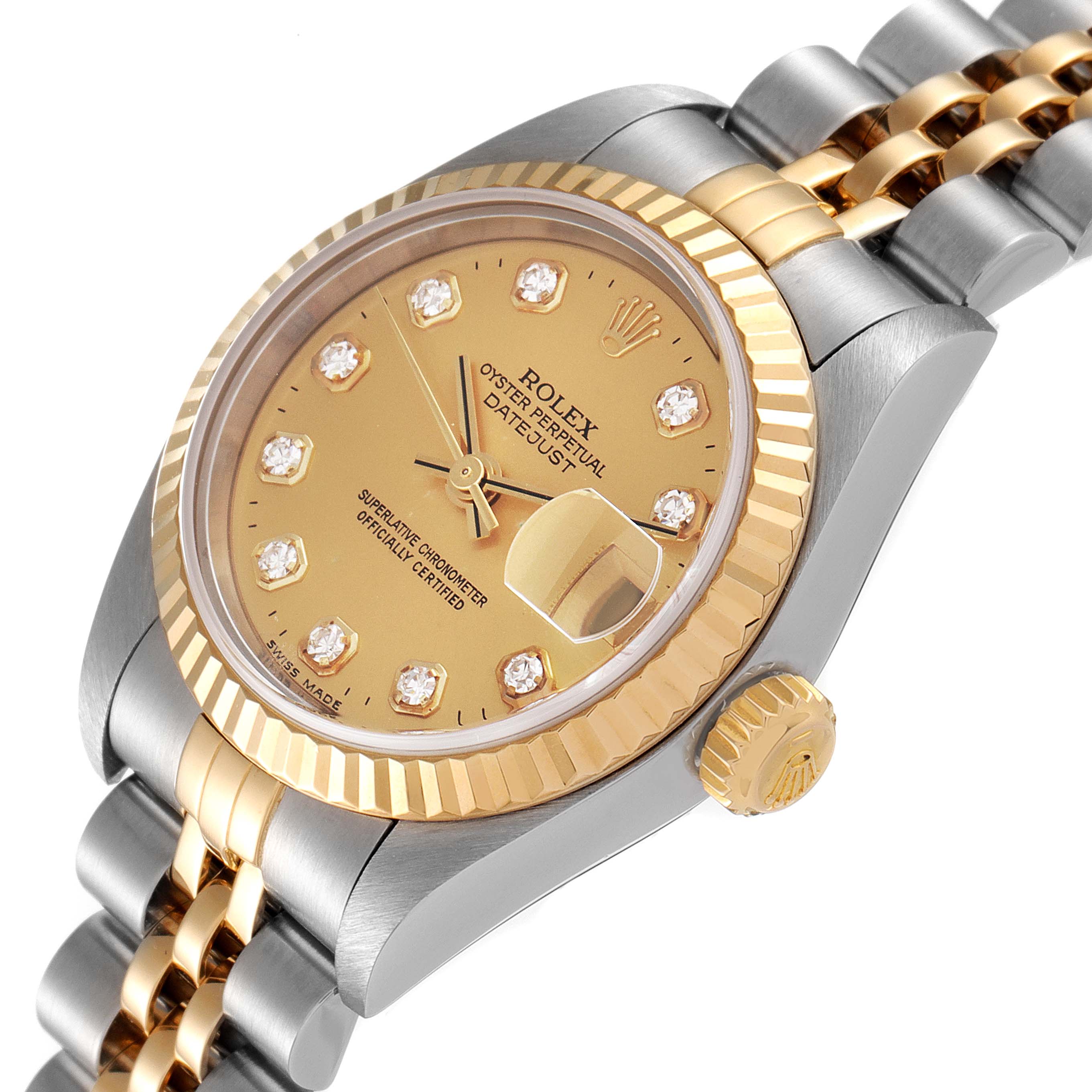 This image shows a close-up angle of a Rolex Datejust 79173 Women
s Steel and Gold (two tone) Champagne Dial 79173 Women
s Steel and Gold (two tone) Champagne Dial watch featuring its face, bezel, crown, and part of the bracelet.