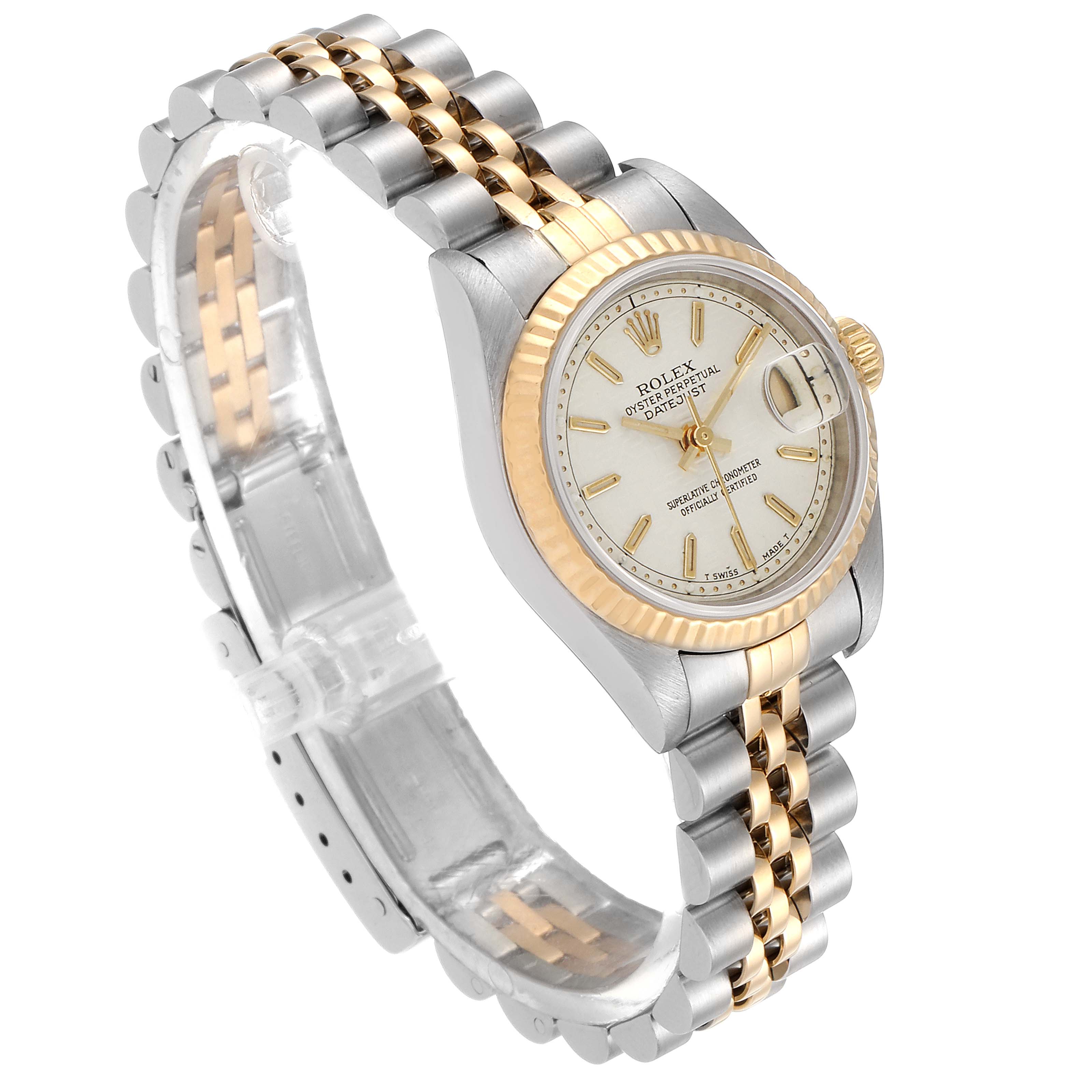 The Rolex Datejust 69173 Women's Steel and Gold (two tone) Beige Dial 69173 Women's Steel and Gold (two tone) Beige Dial watch is shown from an angled view, highlighting its jubilee bracelet, fluted bezel, and dial.