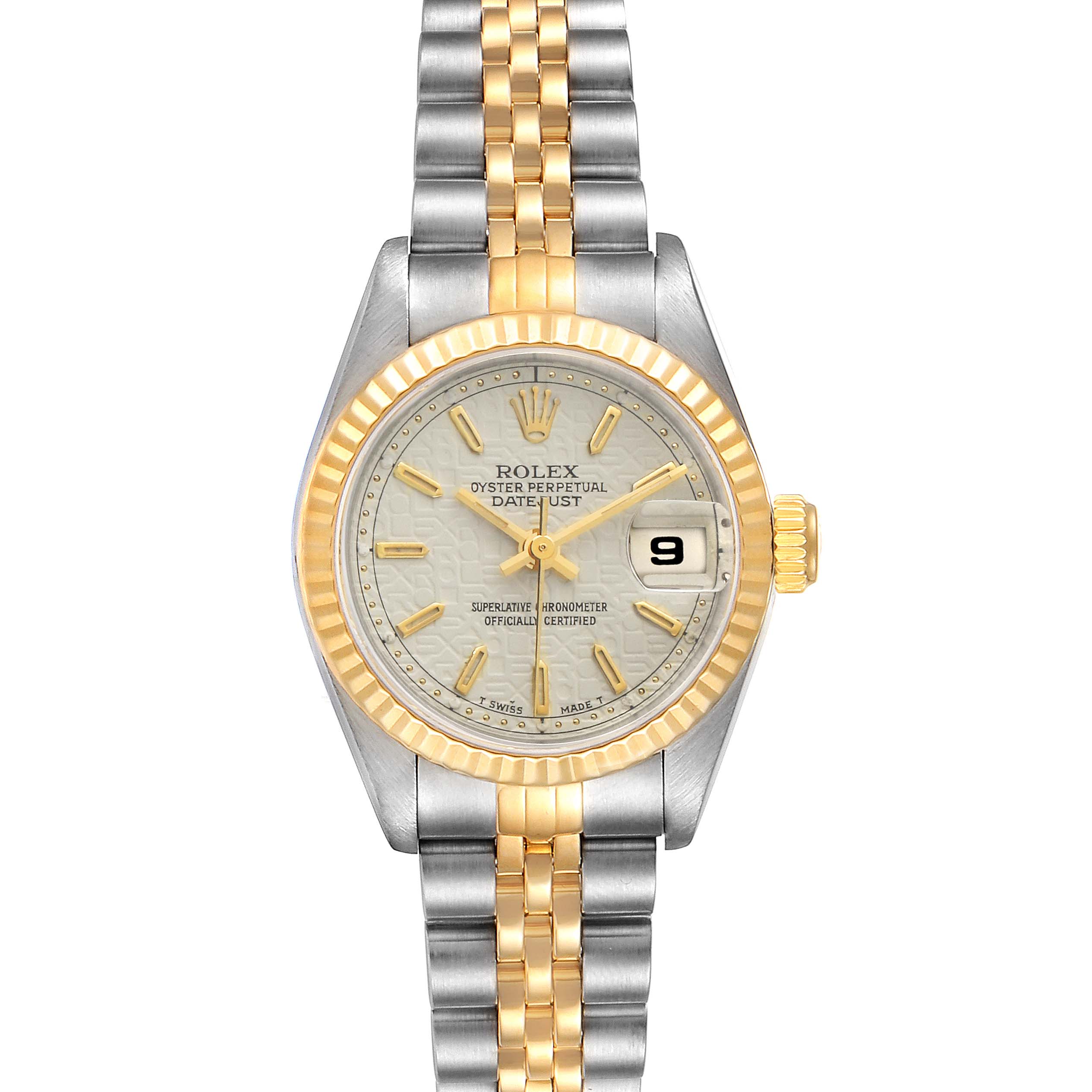 The image shows a frontal view of a Rolex Datejust 69173 Women's Steel and Gold (two tone) Beige Dial 69173 Women's Steel and Gold (two tone) Beige Dial watch, featuring its dial, bracelet, bezel, and crown.