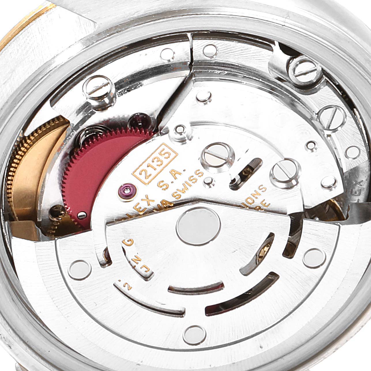 The image shows a close-up view of the inner mechanical movement of a Rolex Datejust 69173 Women's Steel and Gold (two tone) Beige Dial 69173 Women's Steel and Gold (two tone) Beige Dial watch.