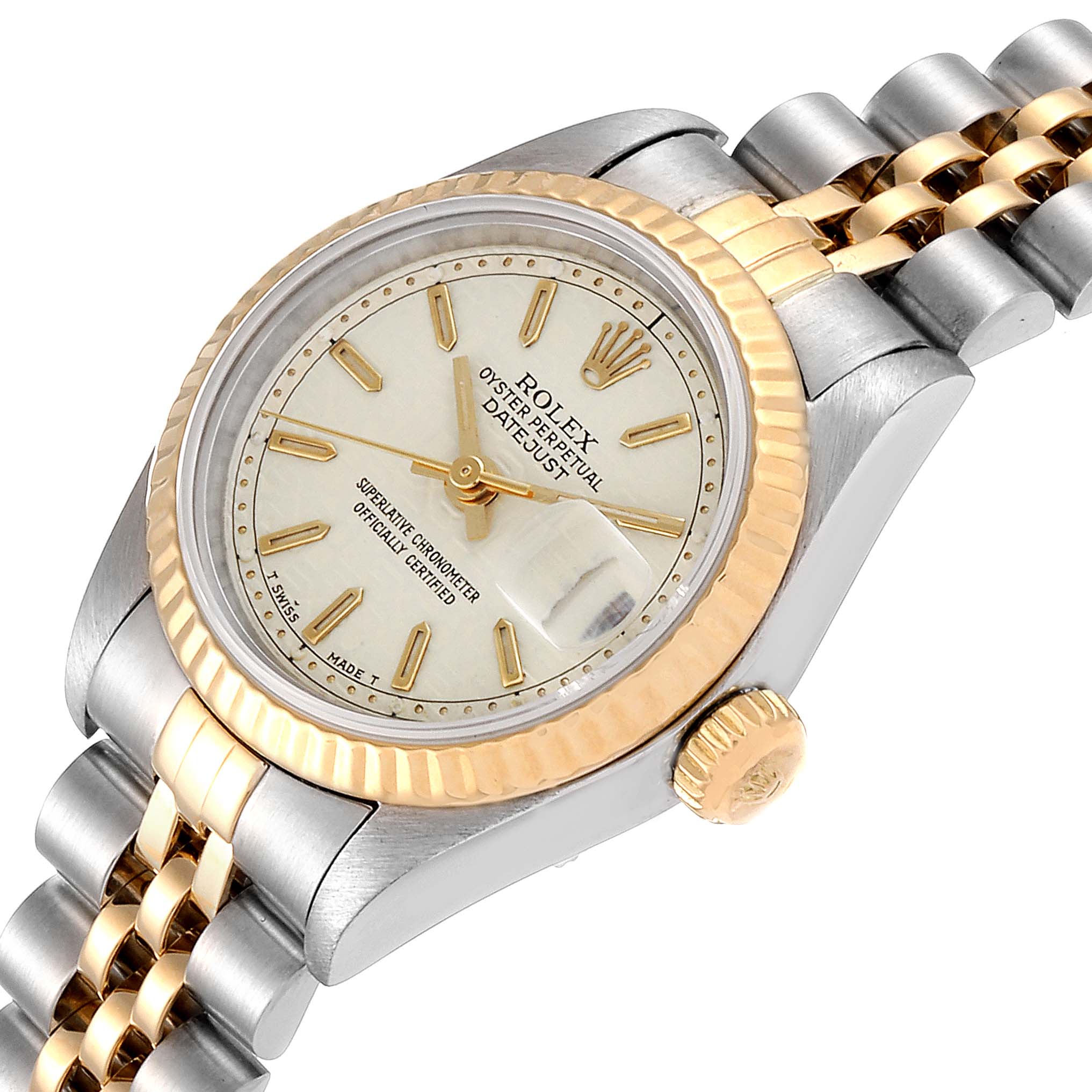 The image shows a Rolex Datejust 69173 Women's Steel and Gold (two tone) Beige Dial 69173 Women's Steel and Gold (two tone) Beige Dial watch at an angled top view, highlighting its dial, bezel, crown, and part of the bracelet.
