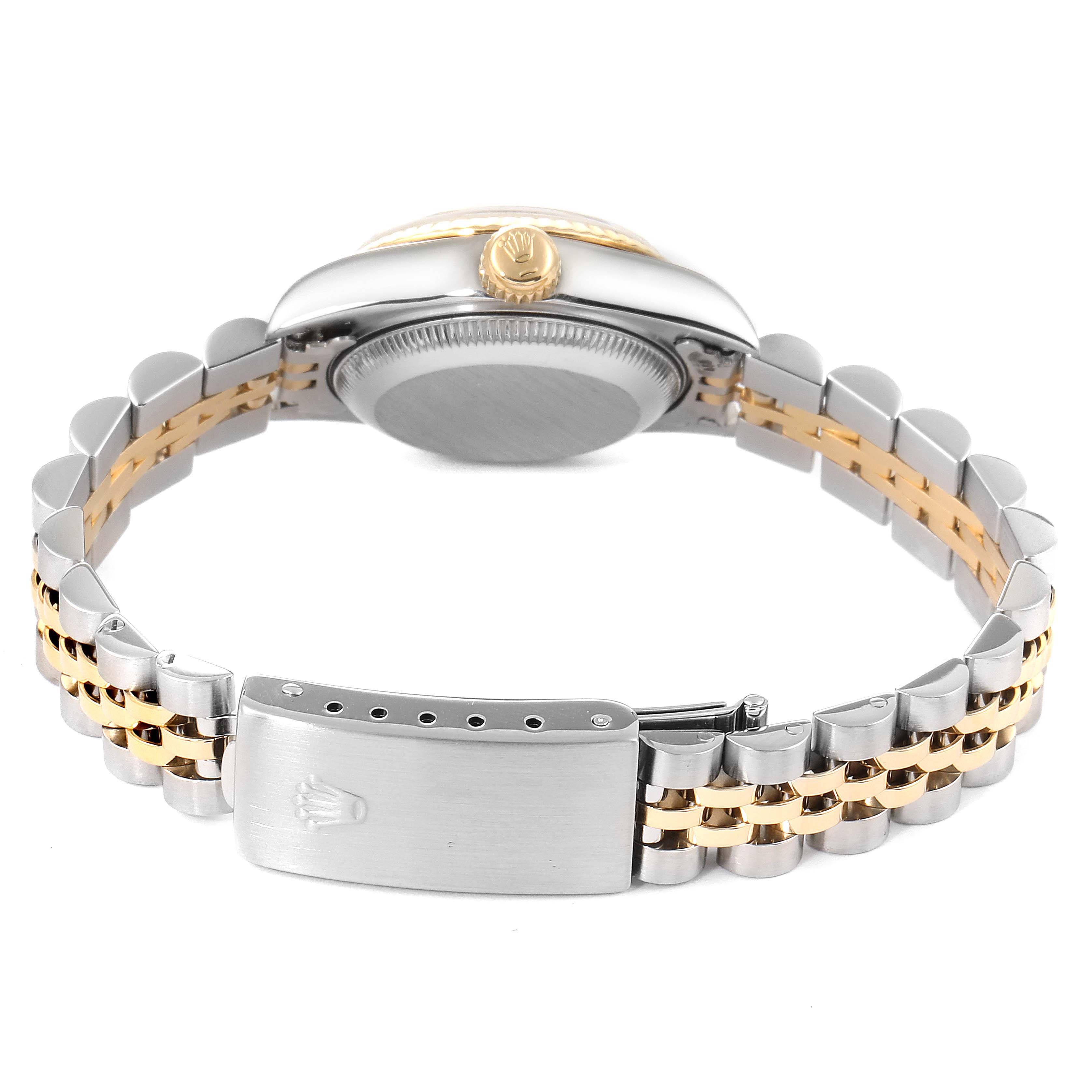 This Rolex Datejust 69173 Women's Steel and Gold (two tone) Beige Dial 69173 Women's Steel and Gold (two tone) Beige Dial watch is shown from the back, highlighting the bracelet, clasp, and case back.