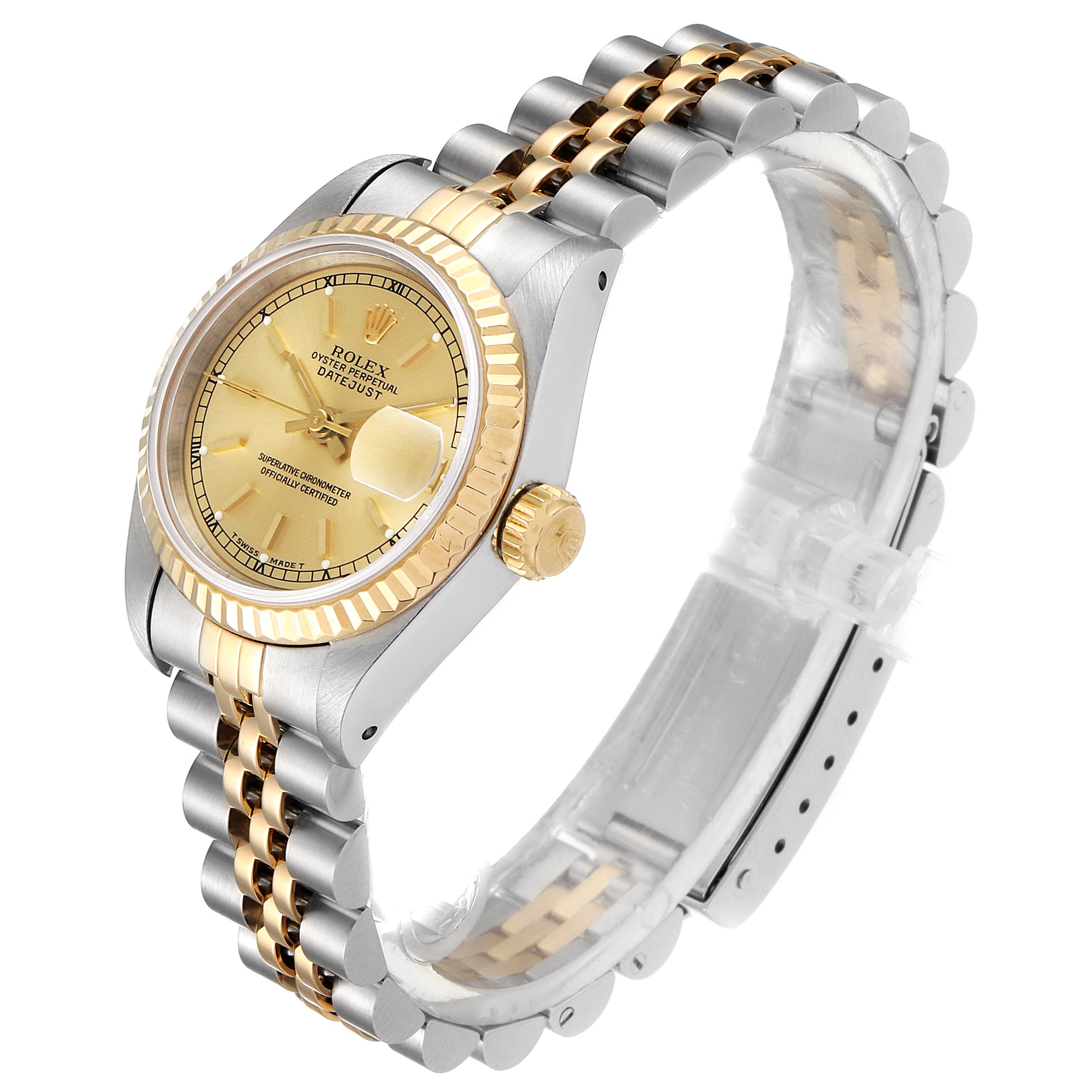 This image shows a Rolex Datejust 69173 Women's Steel and Gold (two tone) Champagne Dial 69173 Women's Steel and Gold (two tone) Champagne Dial watch at a three-quarter angle, highlighting the gold and silver jubilee bracelet, crown, and fluted bezel.