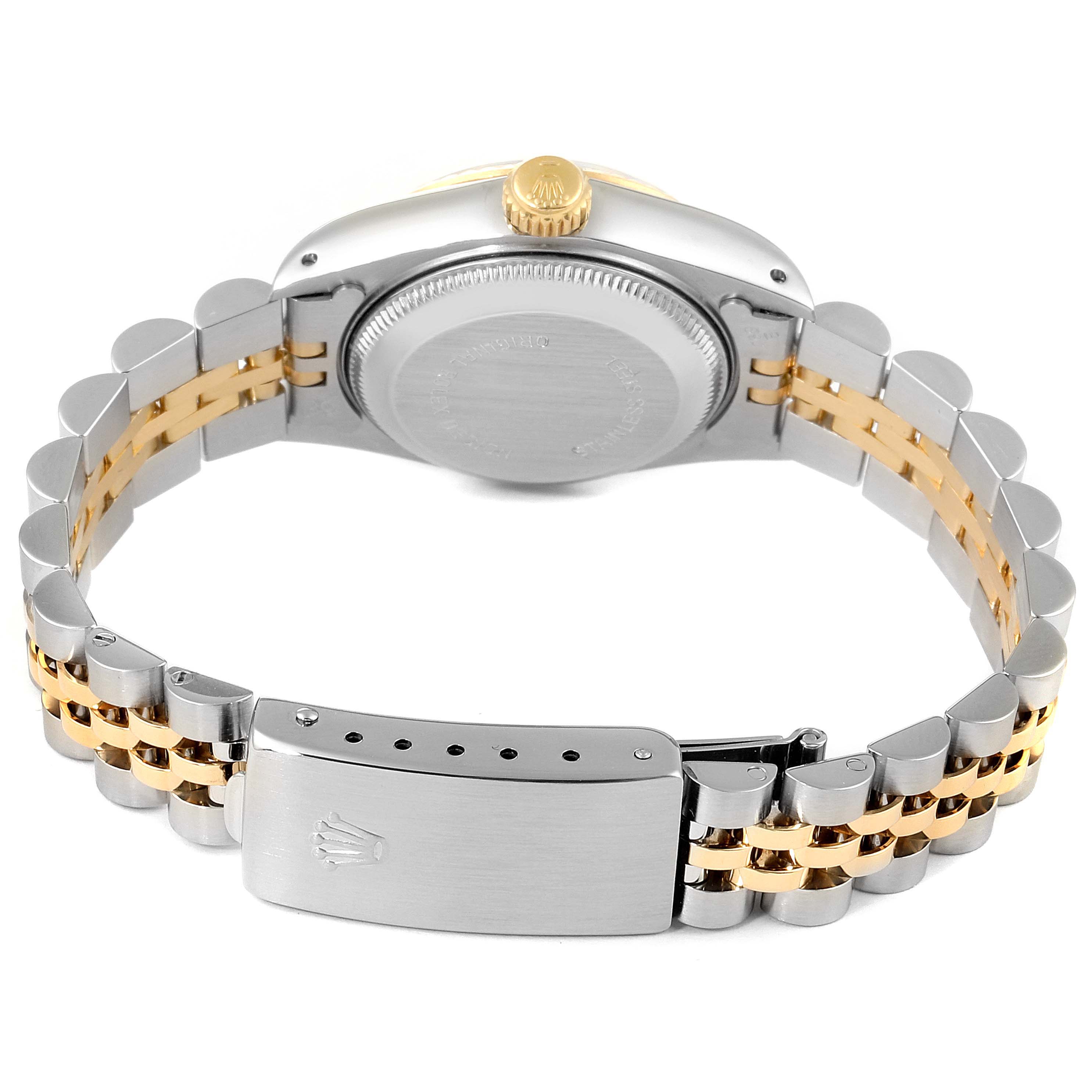 The image shows the rear view of a Rolex Datejust 69173 Women's Steel and Gold (two tone) Champagne Dial 69173 Women's Steel and Gold (two tone) Champagne Dial, highlighting the case back, crown, and bi-metal jubilee bracelet with the clasp.