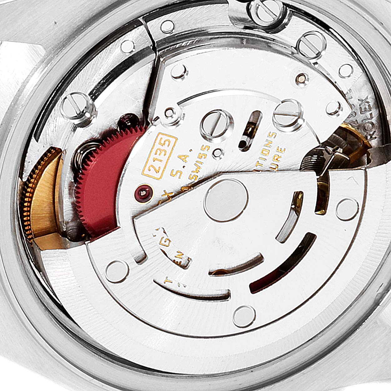 This image shows the internal mechanism of a Rolex Datejust 69173 Women's Steel and Gold (two tone) Champagne Dial 69173 Women's Steel and Gold (two tone) Champagne Dial watch, including gears and the automatic rotor, viewed from the back.