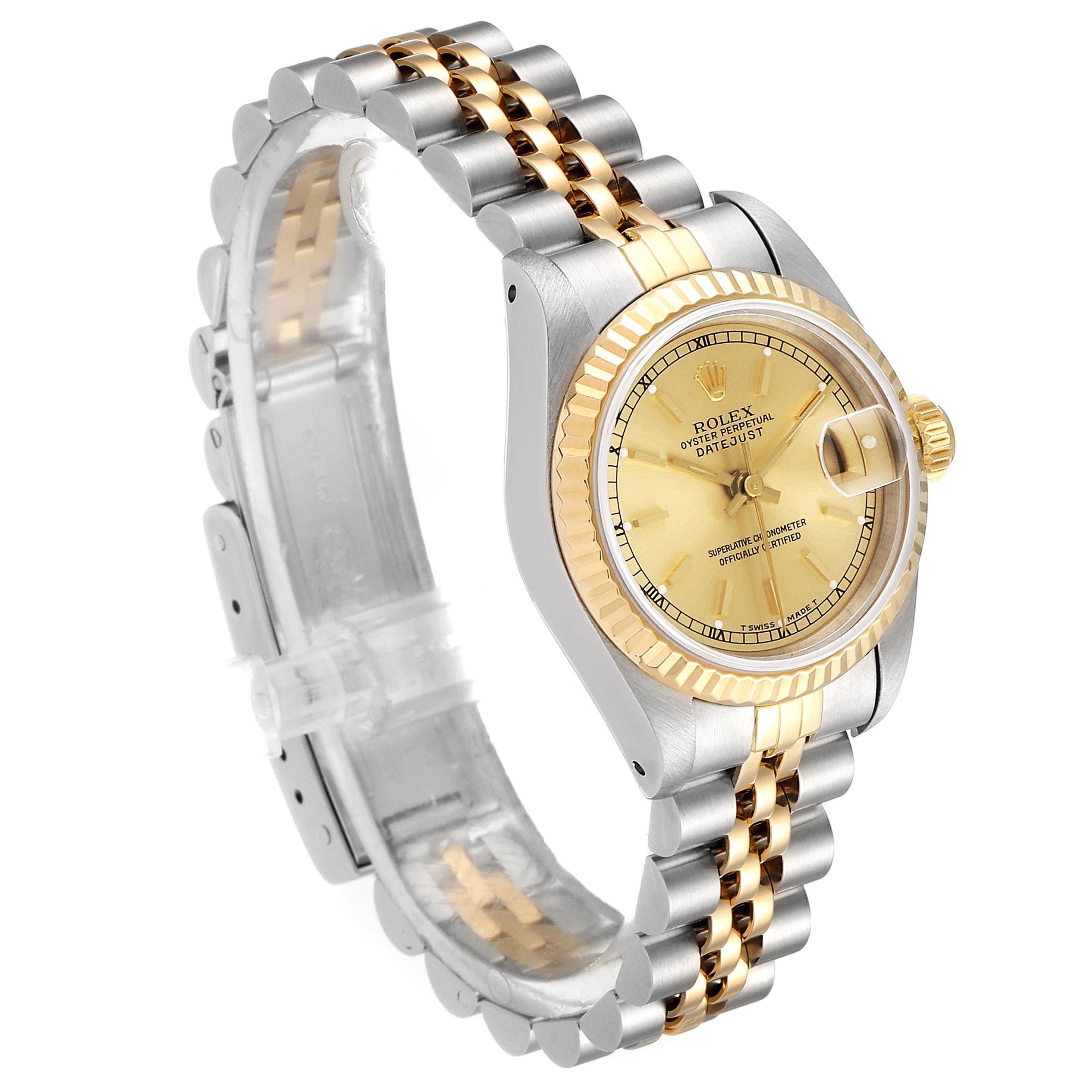 This Rolex Datejust 69173 Women's Steel and Gold (two tone) Champagne Dial 69173 Women's Steel and Gold (two tone) Champagne Dial watch is shown in a three-quarter side angle highlighting the dial, bezel, and bracelet.