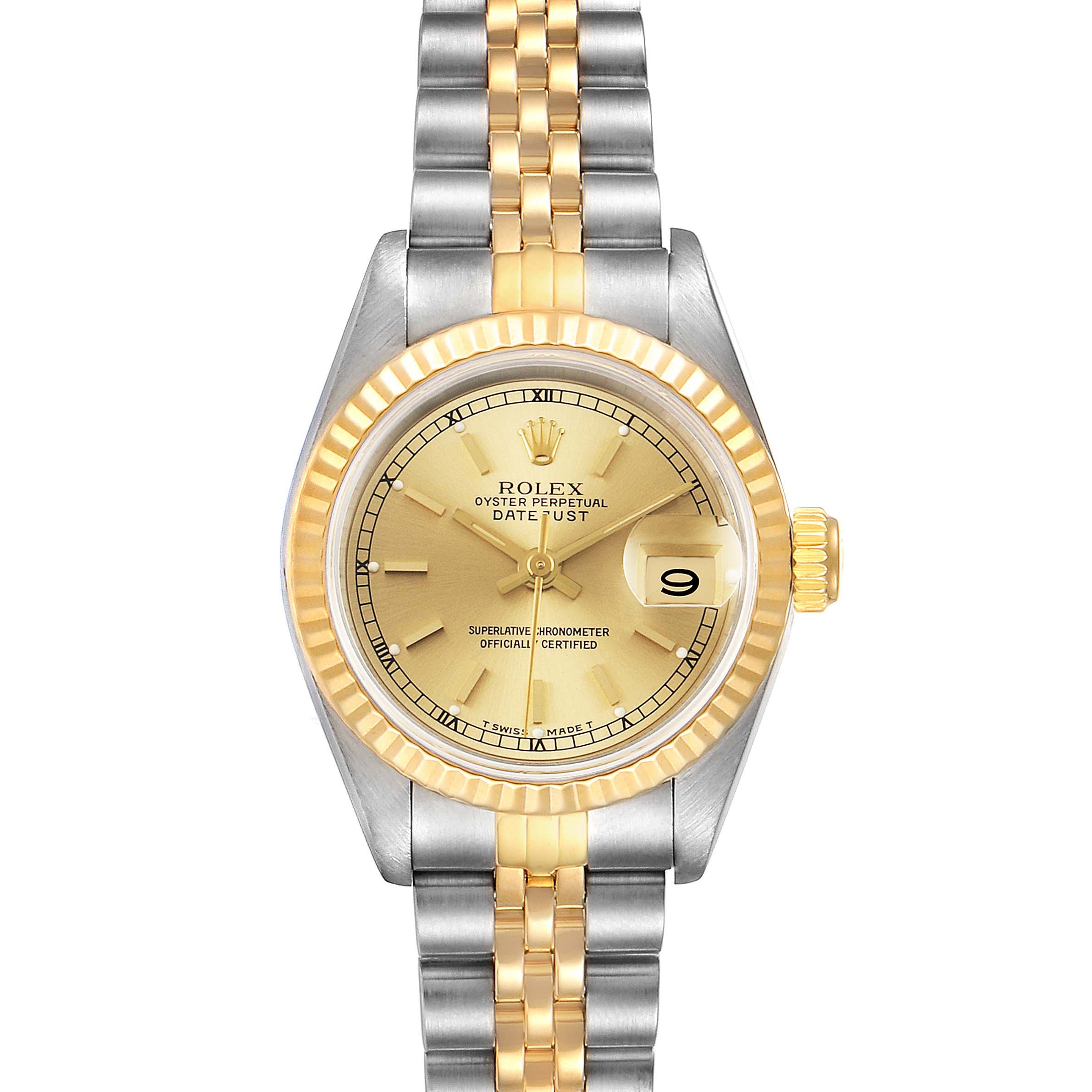 This image shows a Rolex Datejust 69173 Women's Steel and Gold (two tone) Champagne Dial 69173 Women's Steel and Gold (two tone) Champagne Dial watch from a front angle, highlighting the dial, bezel, and bracelet.