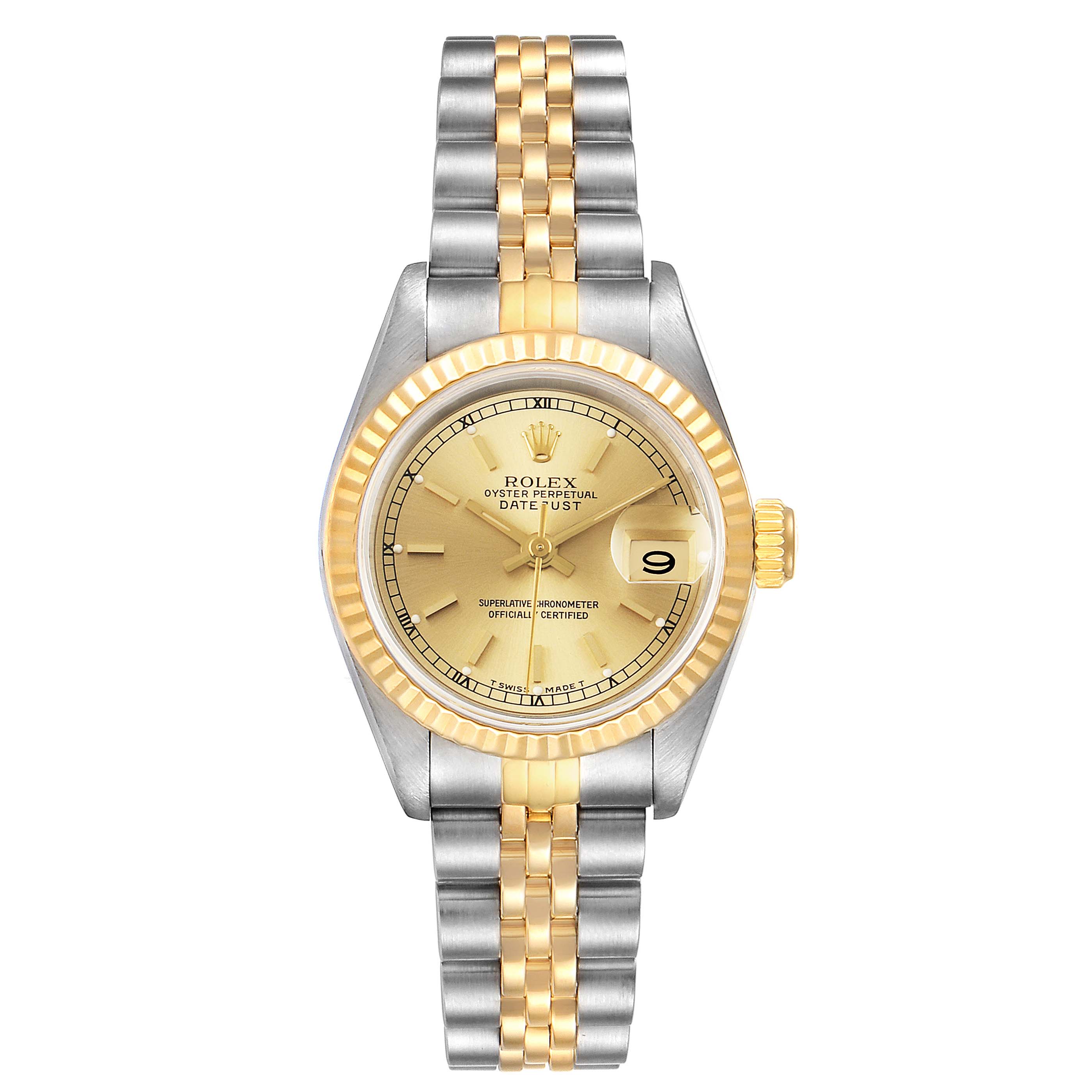 The image shows a Rolex Datejust 69173 Women's Steel and Gold (two tone) Champagne Dial 69173 Women's Steel and Gold (two tone) Champagne Dial watch from a front angle, displaying the face, bezel, and bracelet.