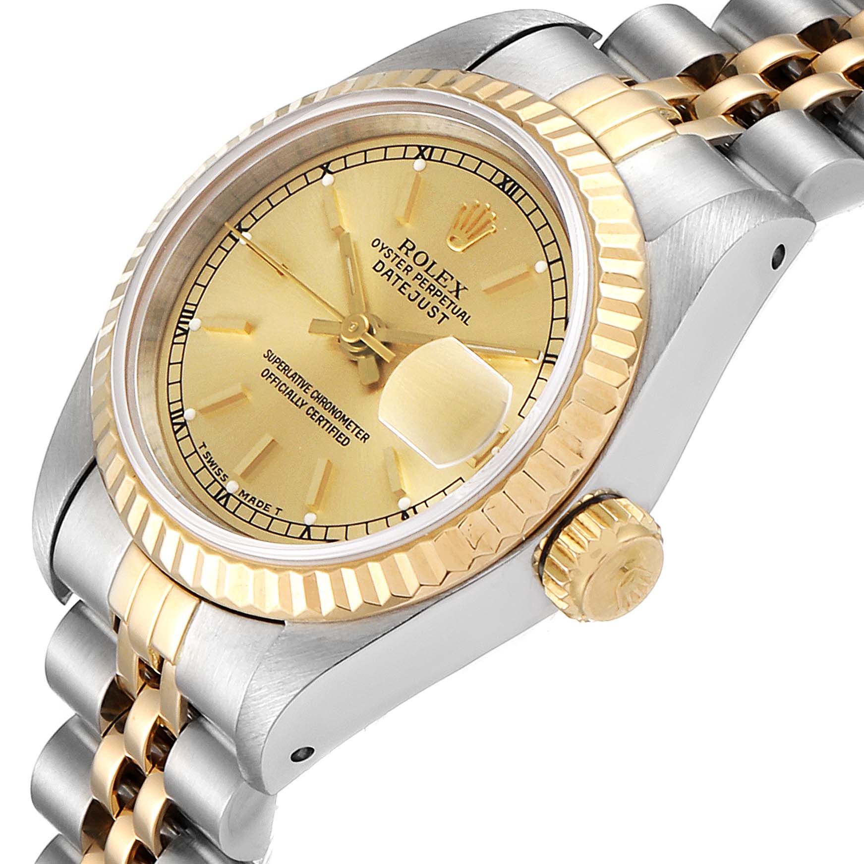 The Rolex Datejust 69173 Women's Steel and Gold (two tone) Champagne Dial 69173 Women's Steel and Gold (two tone) Champagne Dial watch is shown from an angled side view, highlighting the face, crown, and part of the bracelet.