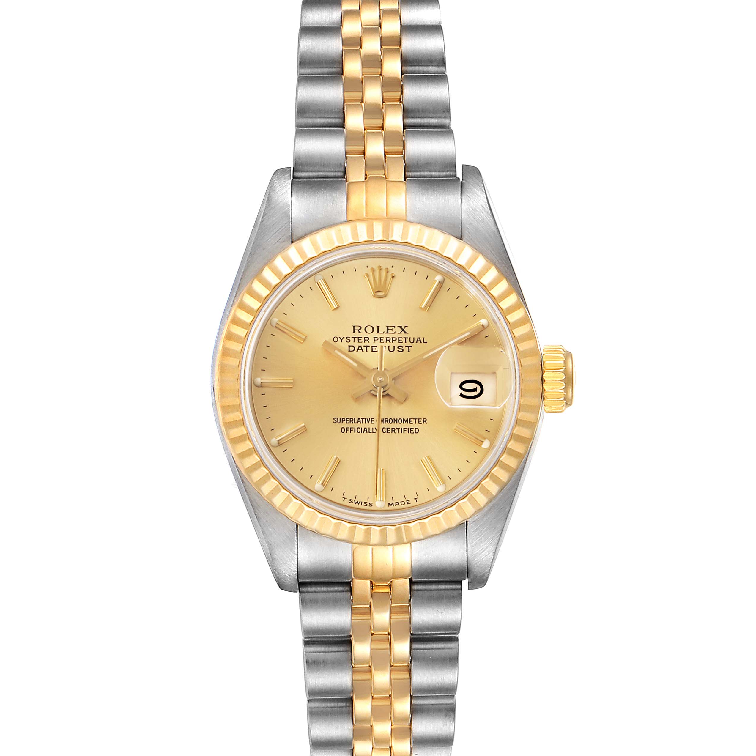 This image shows a front view of a two-tone Rolex Datejust 69173 Women's Steel and Gold (two tone) Champagne Dial 69173 Women's Steel and Gold (two tone) Champagne Dial watch, highlighting the dial, bracelet, and date window.
