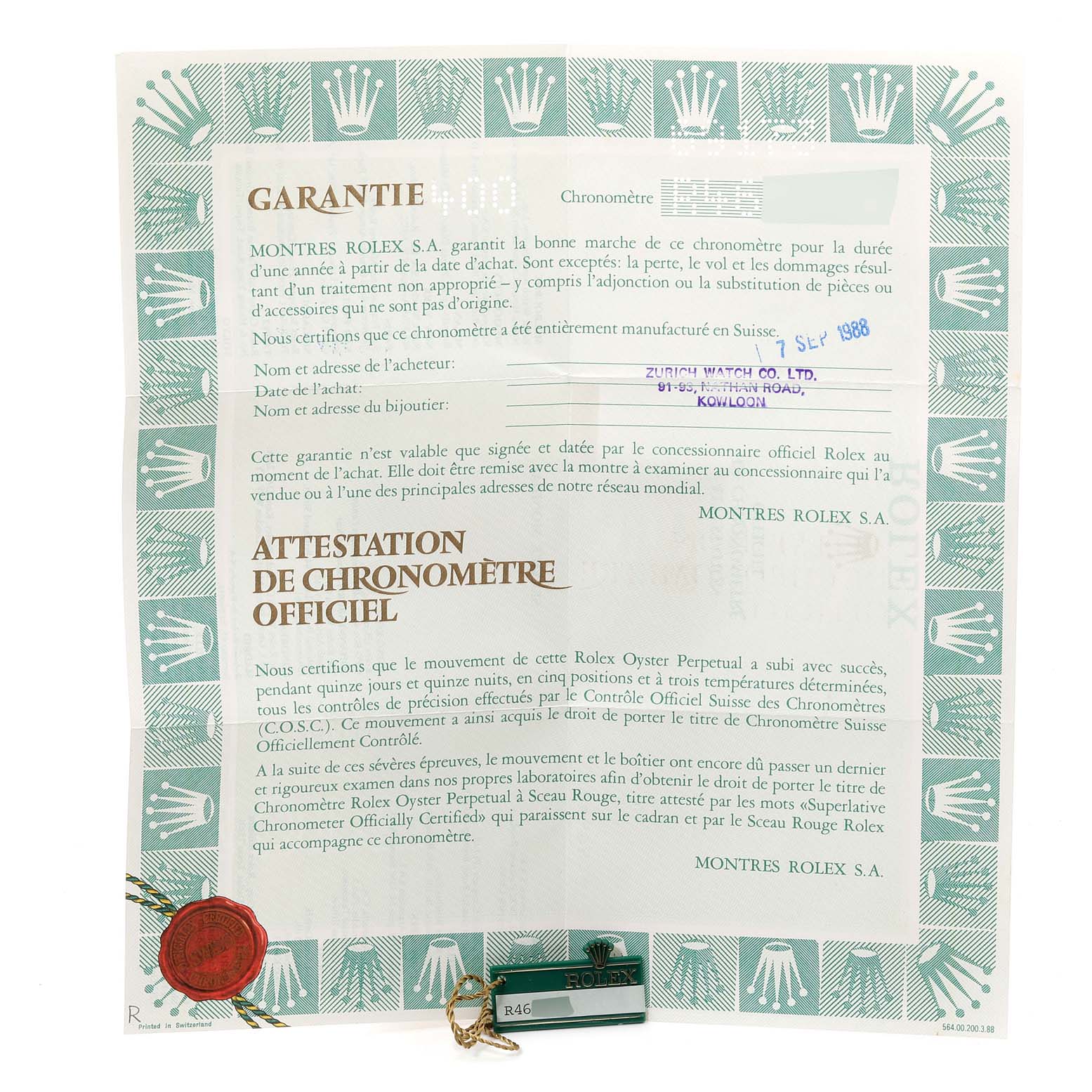 This image shows the warranty certificate and official chronometer certification for a Rolex Datejust 69173 Women's Steel and Gold (two tone) Champagne Dial 69173 Women's Steel and Gold (two tone) Champagne Dial watch.