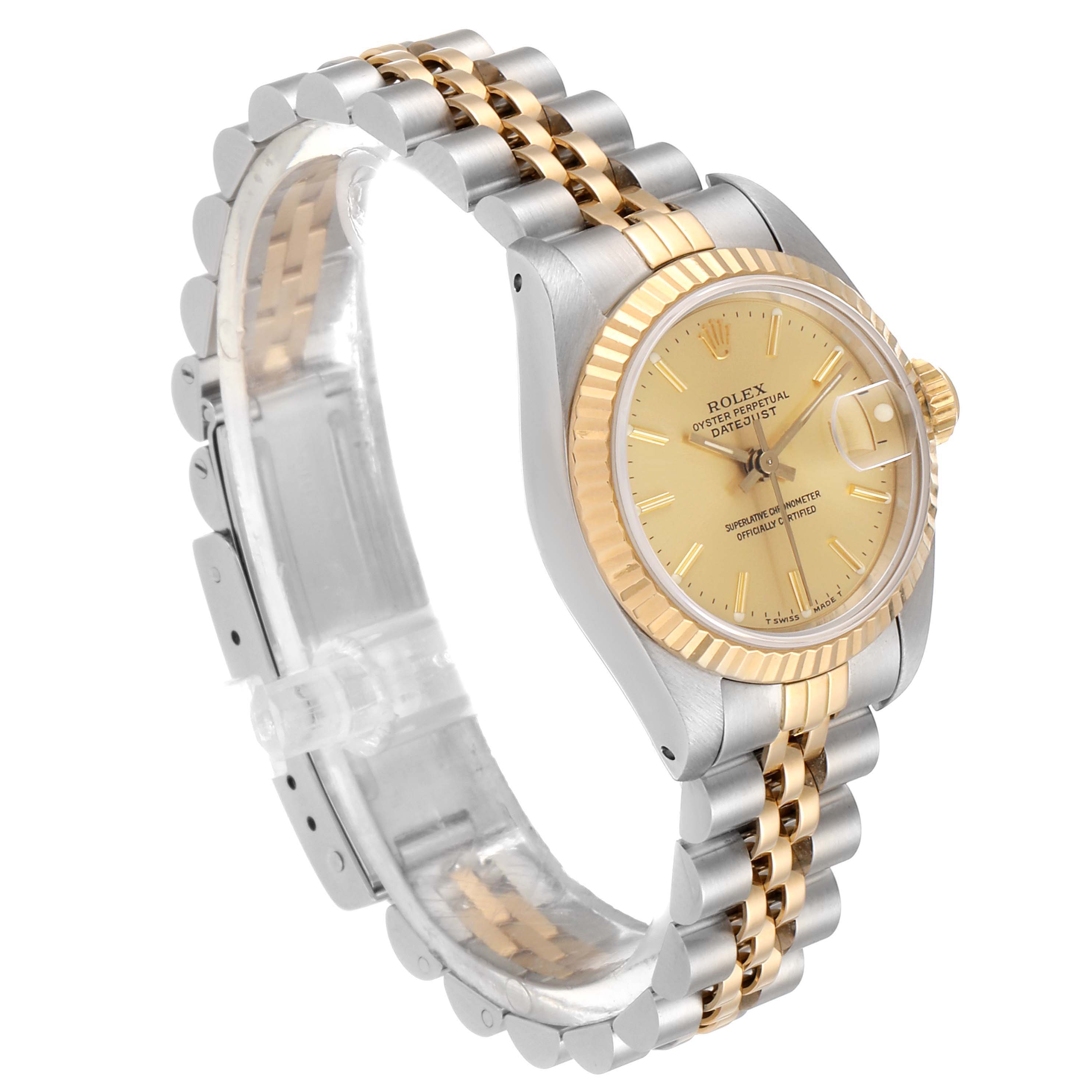 This image shows a side profile of a Rolex Datejust 69173 Women's Steel and Gold (two tone) Champagne Dial 69173 Women's Steel and Gold (two tone) Champagne Dial watch, highlighting its case, dial, fluted bezel, and Jubilee bracelet.