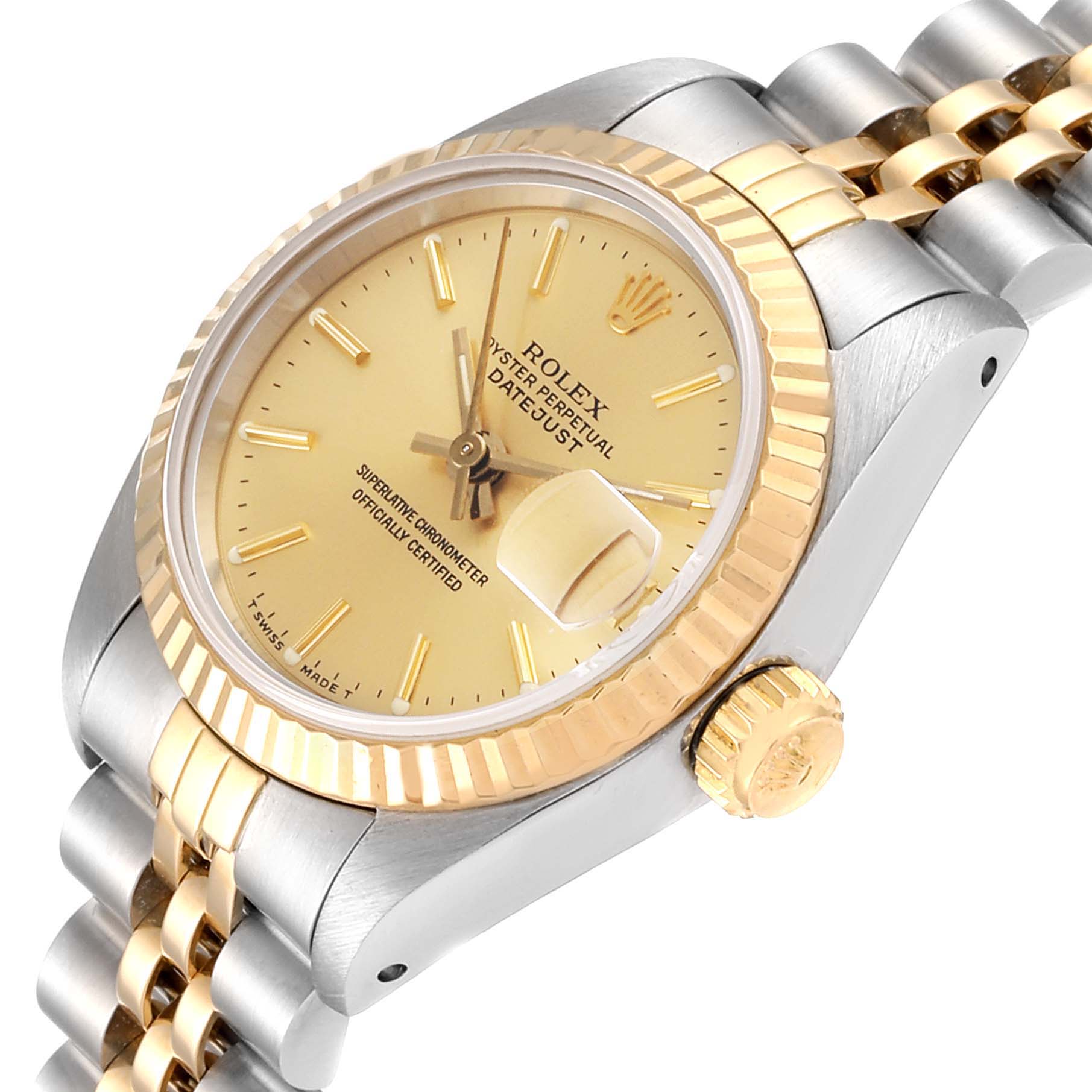 The Rolex Datejust 69173 Women's Steel and Gold (two tone) Champagne Dial 69173 Women's Steel and Gold (two tone) Champagne Dial watch is shown from an angled side view, highlighting the dial, bezel, crown, and part of the bracelet.