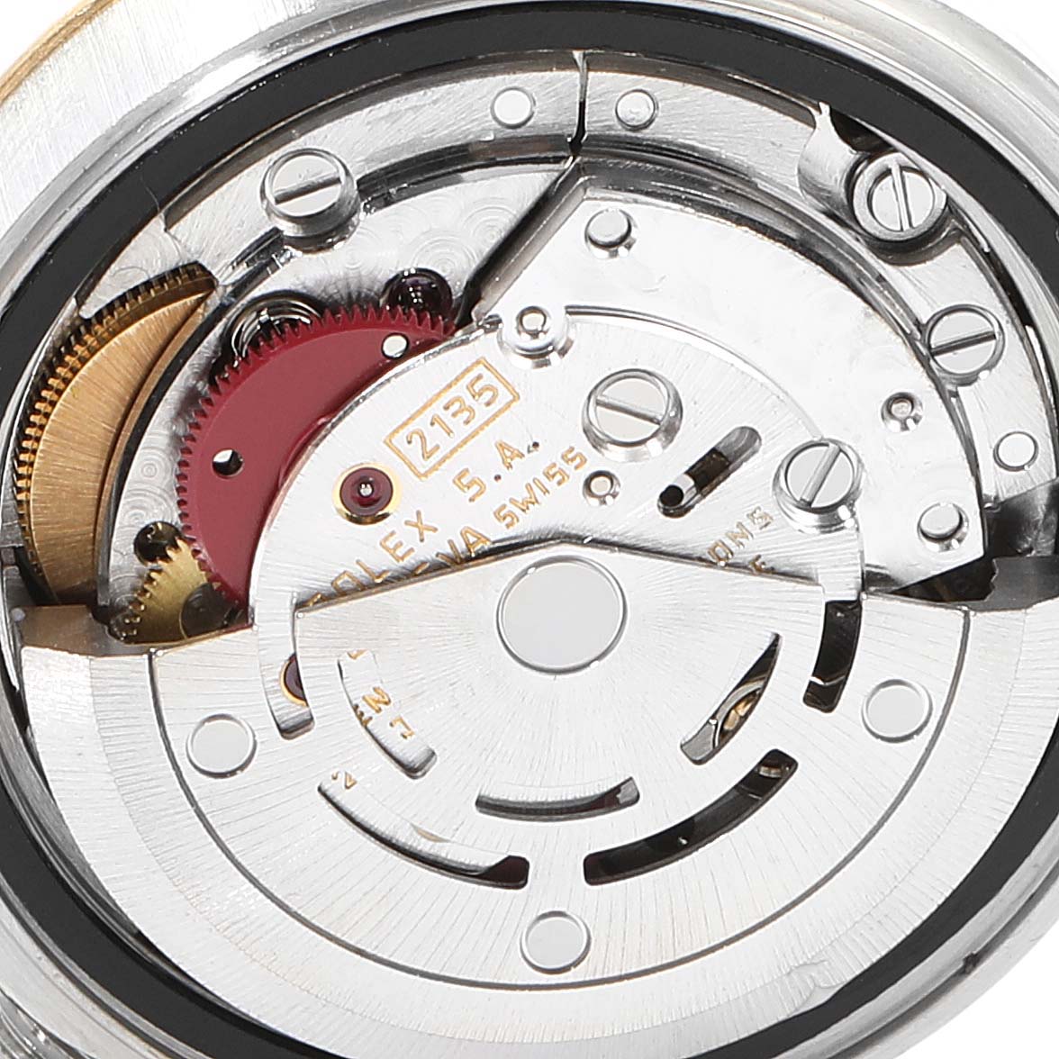 This image shows a close-up of the movement mechanism of the Rolex Datejust 69173 Women's Steel and Gold (two tone) Champagne Dial 69173 Women's Steel and Gold (two tone) Champagne Dial watch.