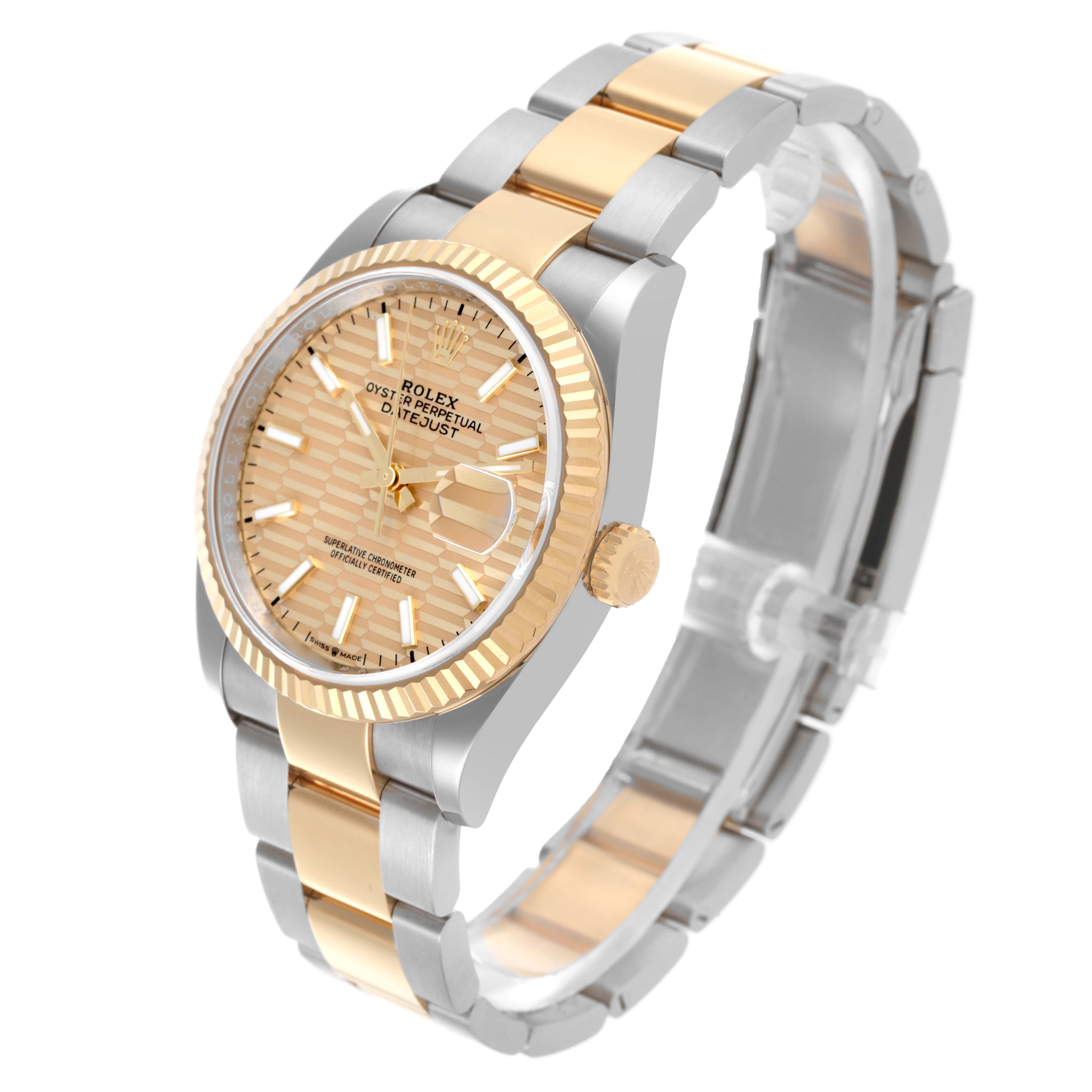 The Rolex Datejust 126233 Men's Steel and Gold (two tone) Champagne Dial 126233 Men's Steel and Gold (two tone) Champagne Dial is shown at a three-quarter angle, displaying the watch face, bezel, crown, and bracelet.