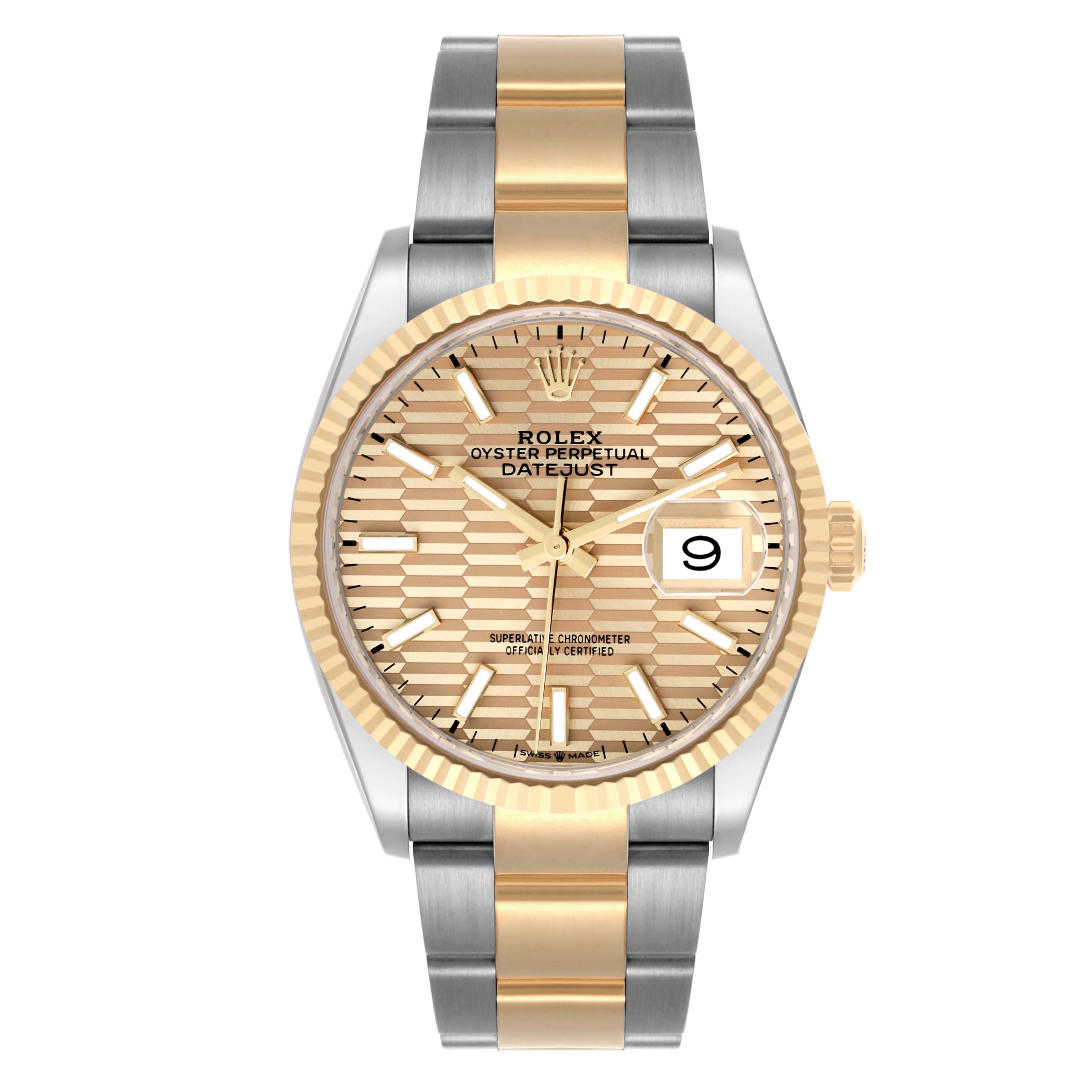 The Rolex Datejust 126233 Men's Steel and Gold (two tone) Champagne Dial 126233 Men's Steel and Gold (two tone) Champagne Dial watch is shown from the front, displaying its dial, case, and two-tone bracelet.