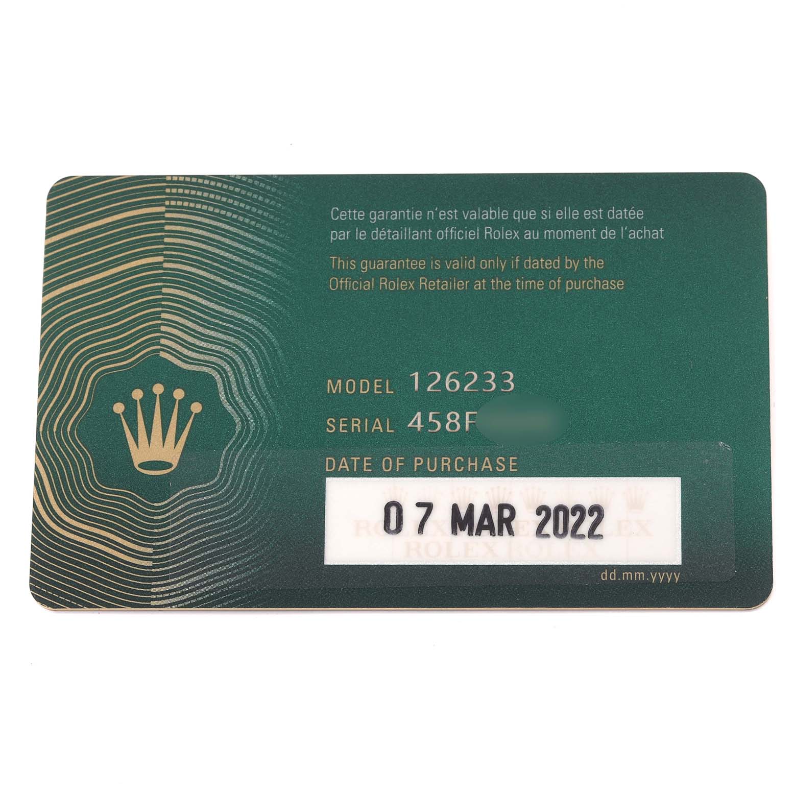 The image shows the warranty card with model 126233 of a Rolex Datejust 126233 Men's Steel and Gold (two tone) Champagne Dial 126233 Men's Steel and Gold (two tone) Champagne Dial watch.