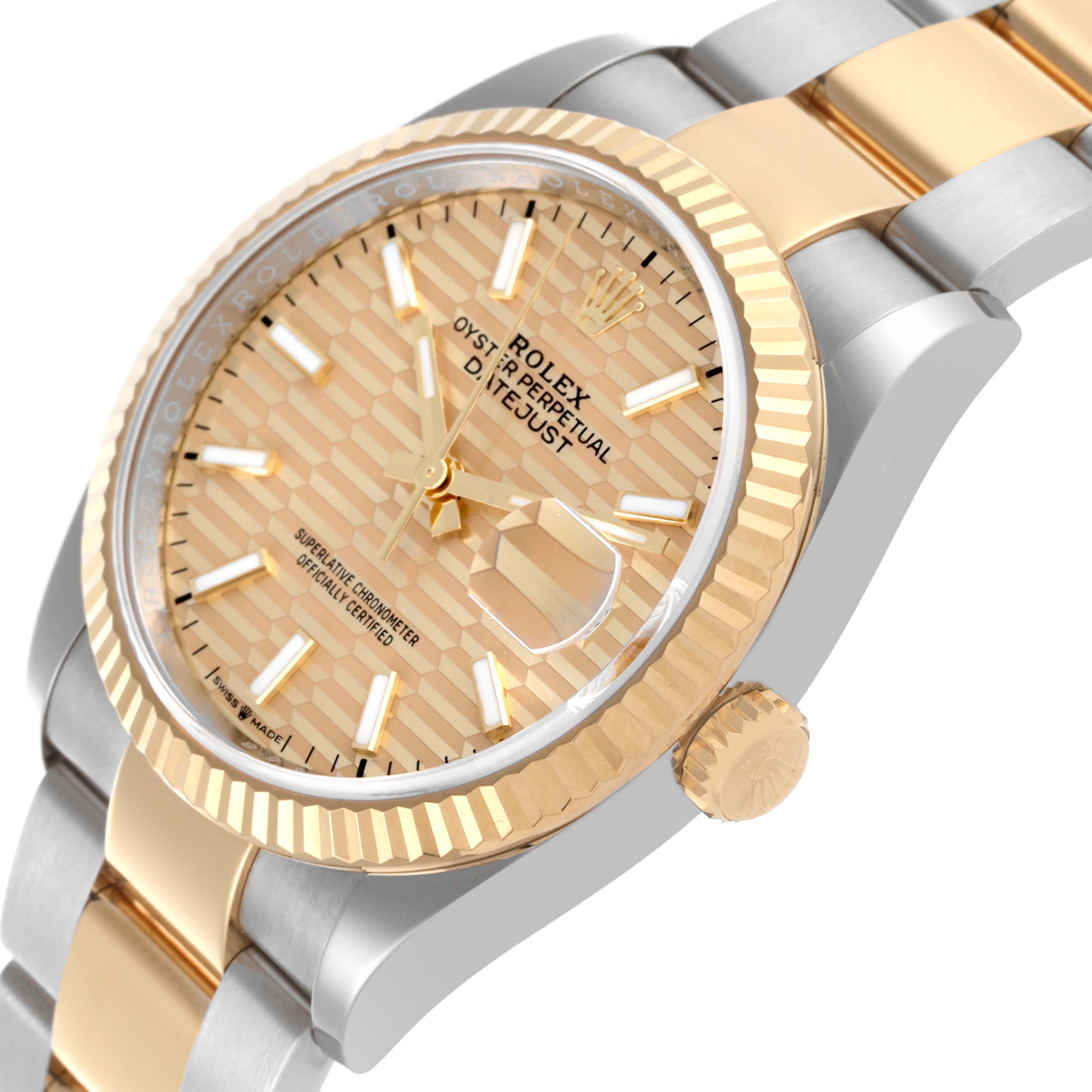 The Rolex Datejust 126233 Men's Steel and Gold (two tone) Champagne Dial 126233 Men's Steel and Gold (two tone) Champagne Dial watch is shown from a side angle, displaying the face, bezel, and part of the bracelet.