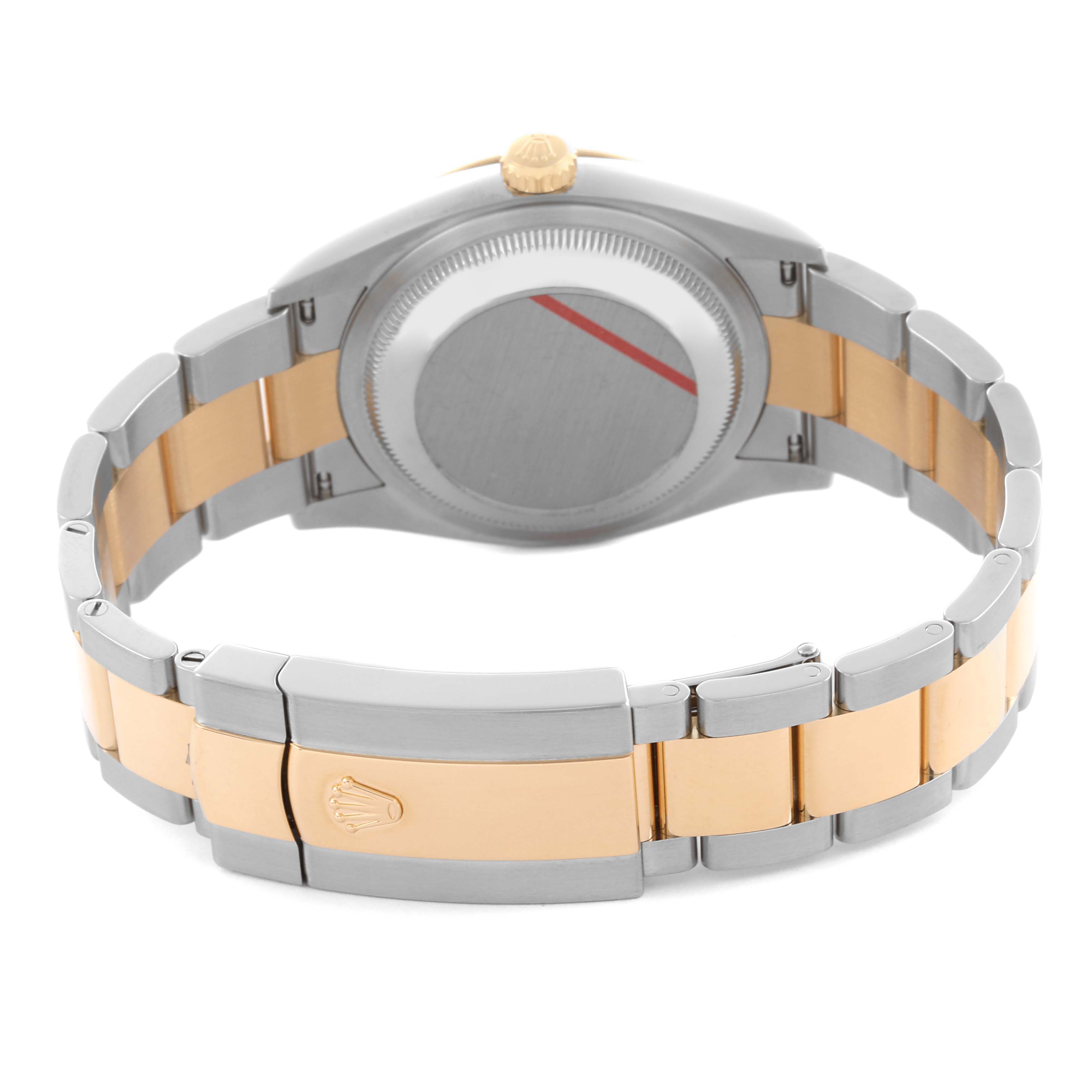 The Rolex Datejust 126233 Men's Steel and Gold (two tone) Champagne Dial 126233 Men's Steel and Gold (two tone) Champagne Dial watch is shown from the back, highlighting the two-tone bracelet and clasp.