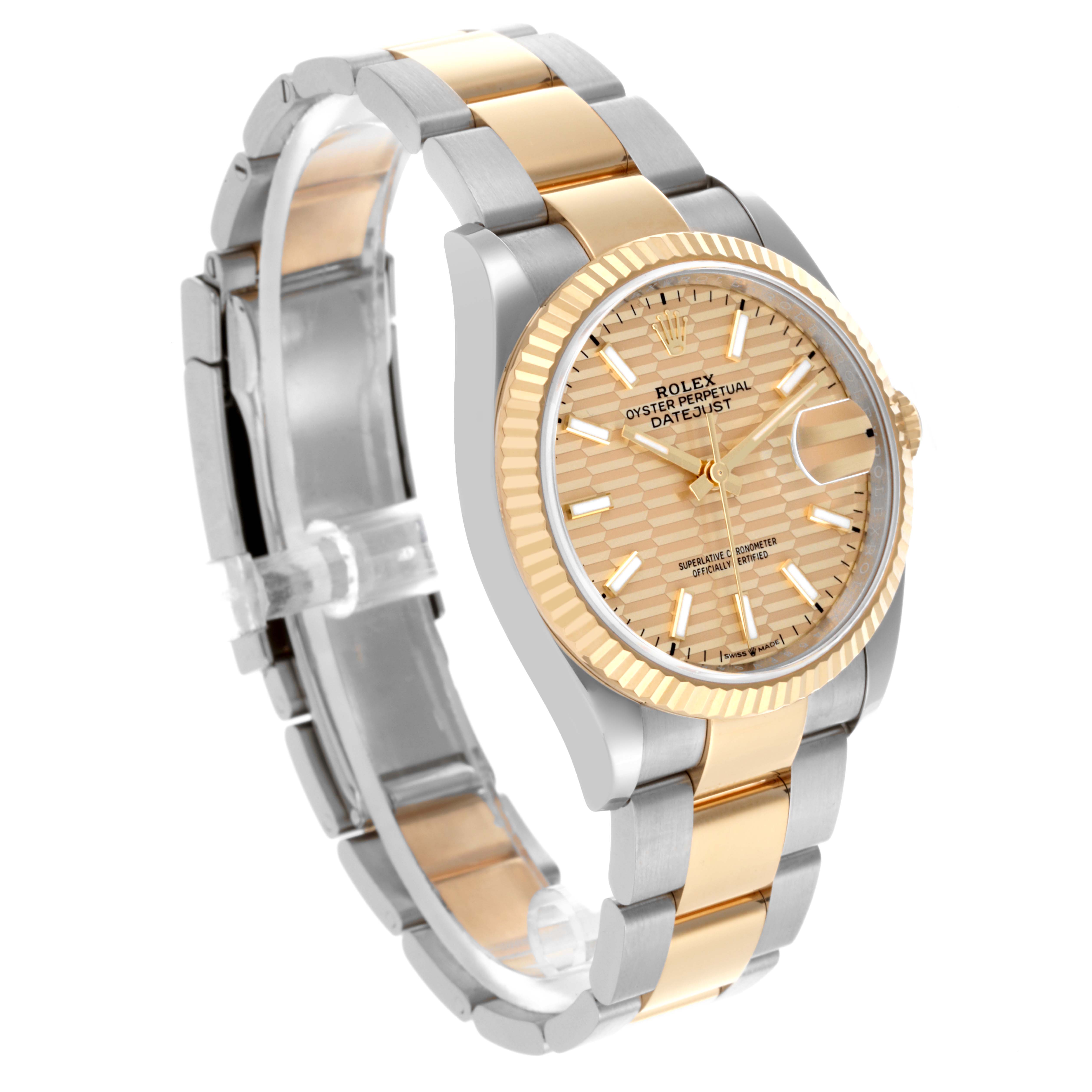 The Rolex Datejust 126233 Men's Steel and Gold (two tone) Champagne Dial 126233 Men's Steel and Gold (two tone) Champagne Dial watch is shown at an angle displaying the face, bezel, and bracelet.