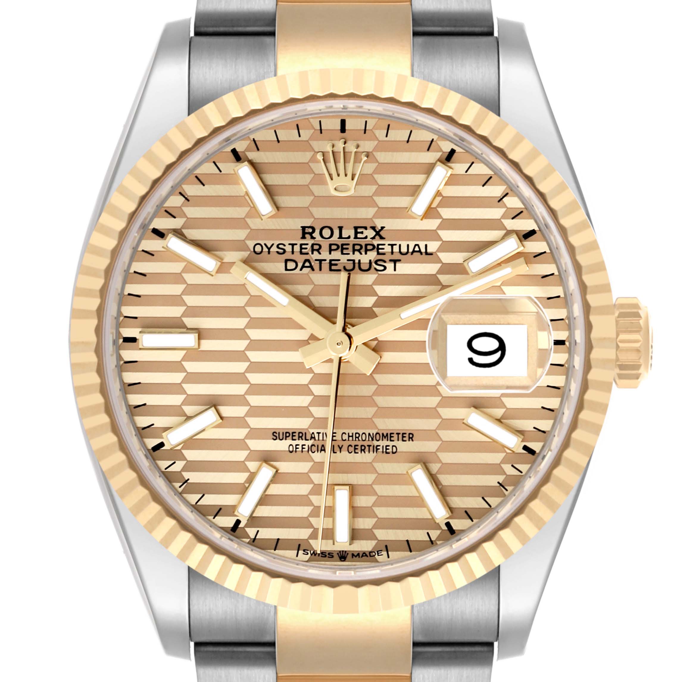 The Rolex Datejust 126233 Men's Steel and Gold (two tone) Champagne Dial 126233 Men's Steel and Gold (two tone) Champagne Dial watch is shown from the front, displaying its dial, hands, date window, and part of the bezel and bracelet.