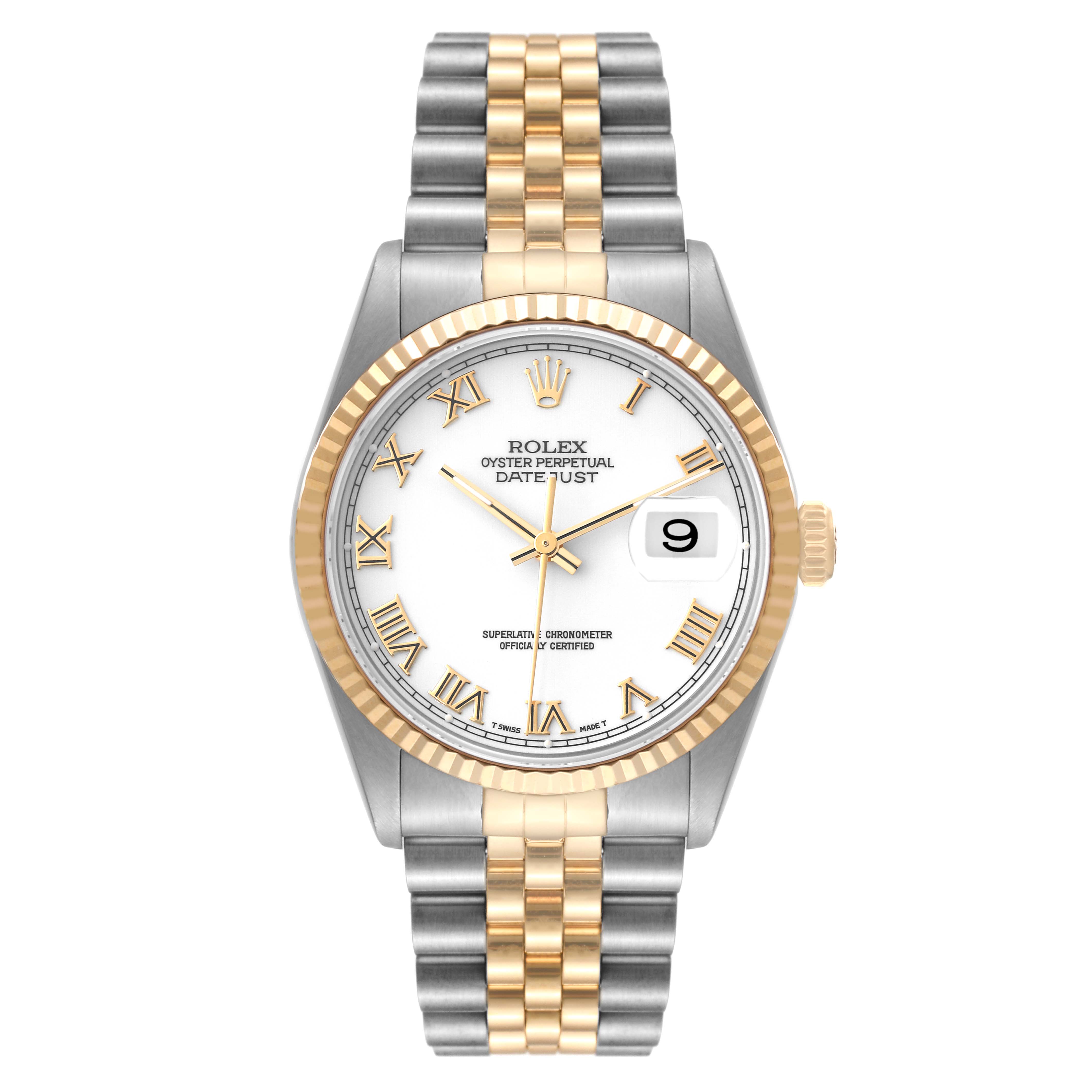 This image shows a full frontal view of a Rolex Datejust 16233 Men's Steel and Gold (two tone) White Dial 16233 Men's Steel and Gold (two tone) White Dial watch, highlighting its dial, bezel, and bracelet.