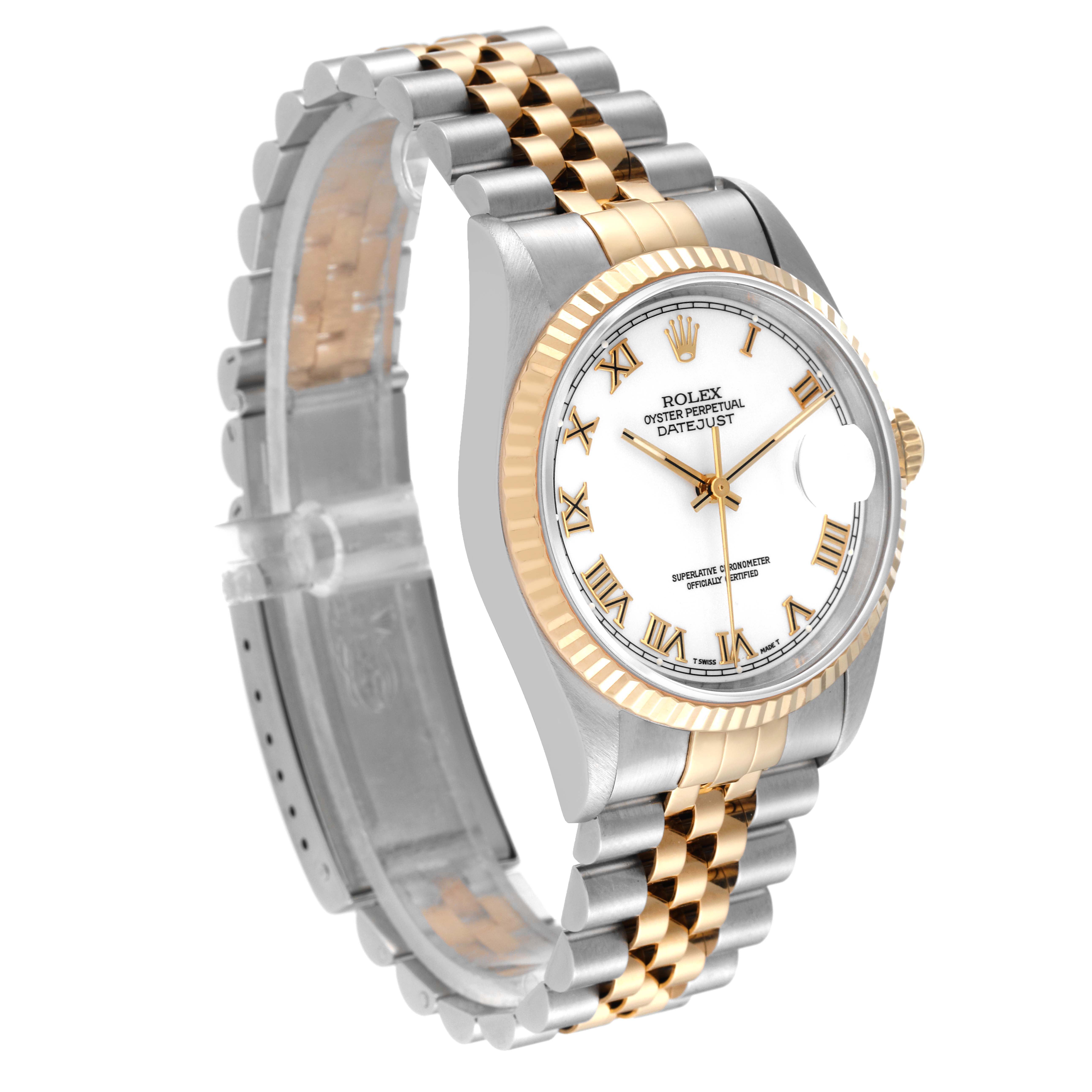 The image shows a Rolex Datejust 16233 Men's Steel and Gold (two tone) White Dial 16233 Men's Steel and Gold (two tone) White Dial watch at a three-quarter angle, highlighting its two-tone bracelet and white dial with Roman numerals.