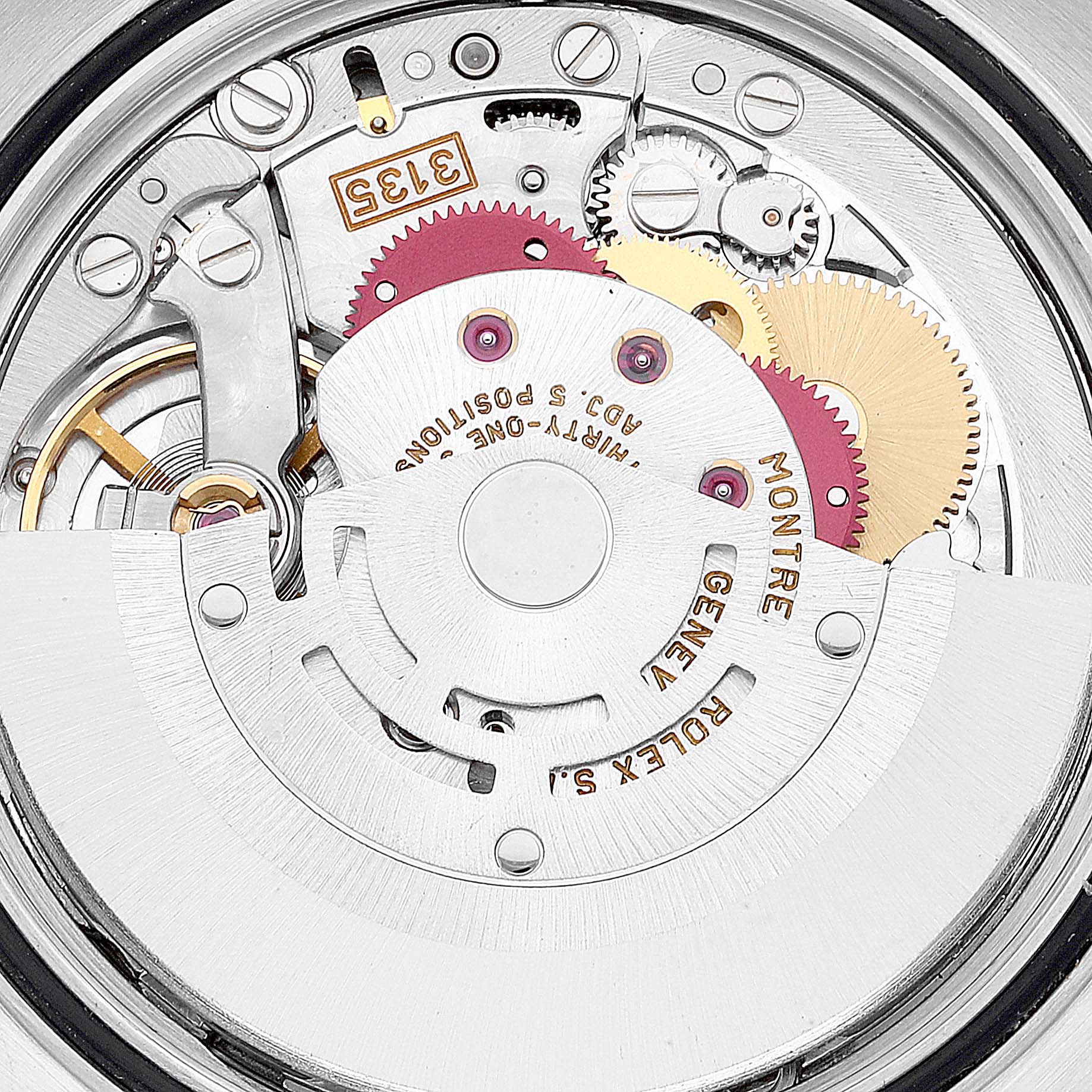 This image shows the internal mechanism of a Rolex Datejust 16233 Men's Steel and Gold (two tone) White Dial 16233 Men's Steel and Gold (two tone) White Dial watch, highlighting its gears and intricate parts.