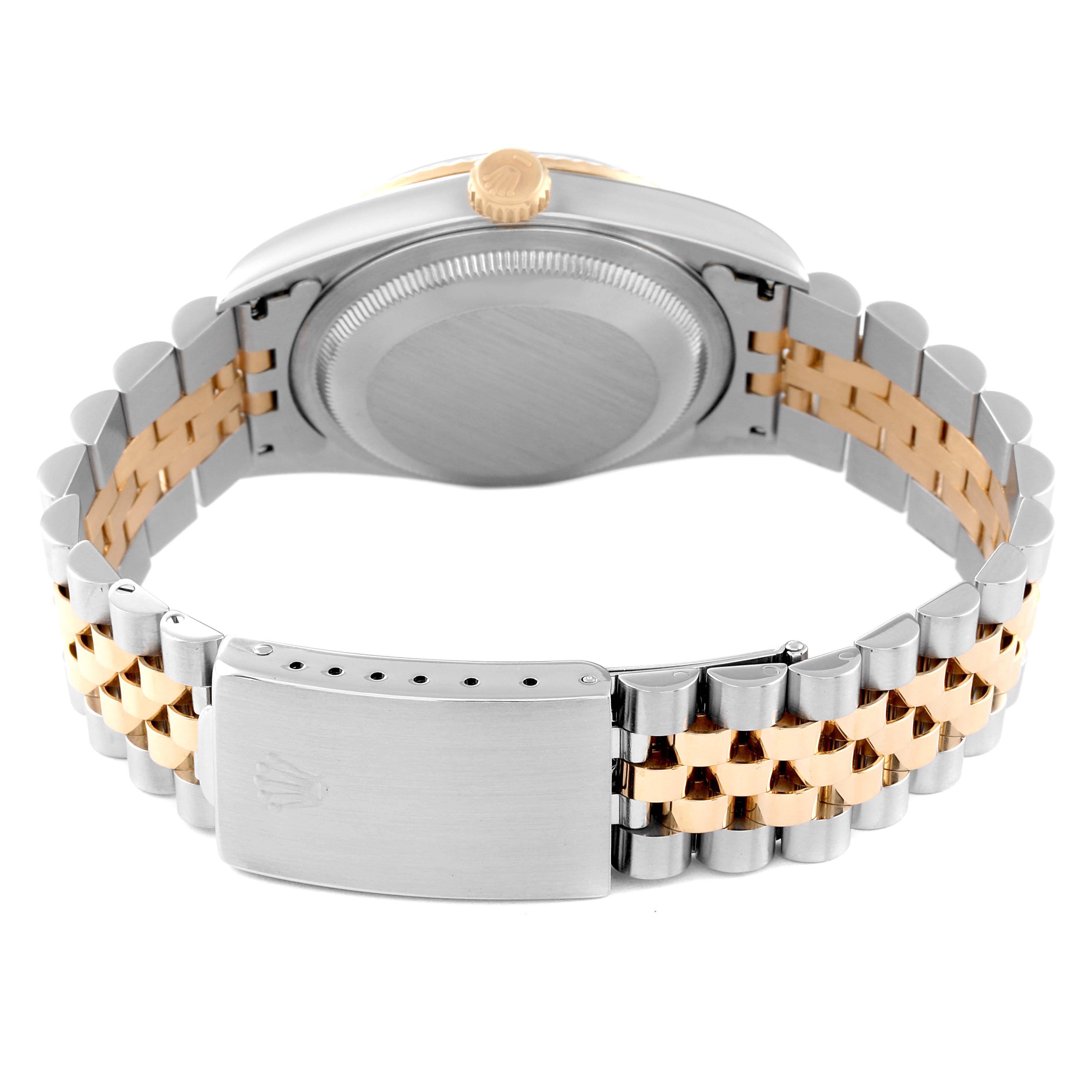 The image shows the back view of a Rolex Datejust 16233 Men's Steel and Gold (two tone) White Dial 16233 Men's Steel and Gold (two tone) White Dial watch, highlighting its two-tone bracelet and clasp.
