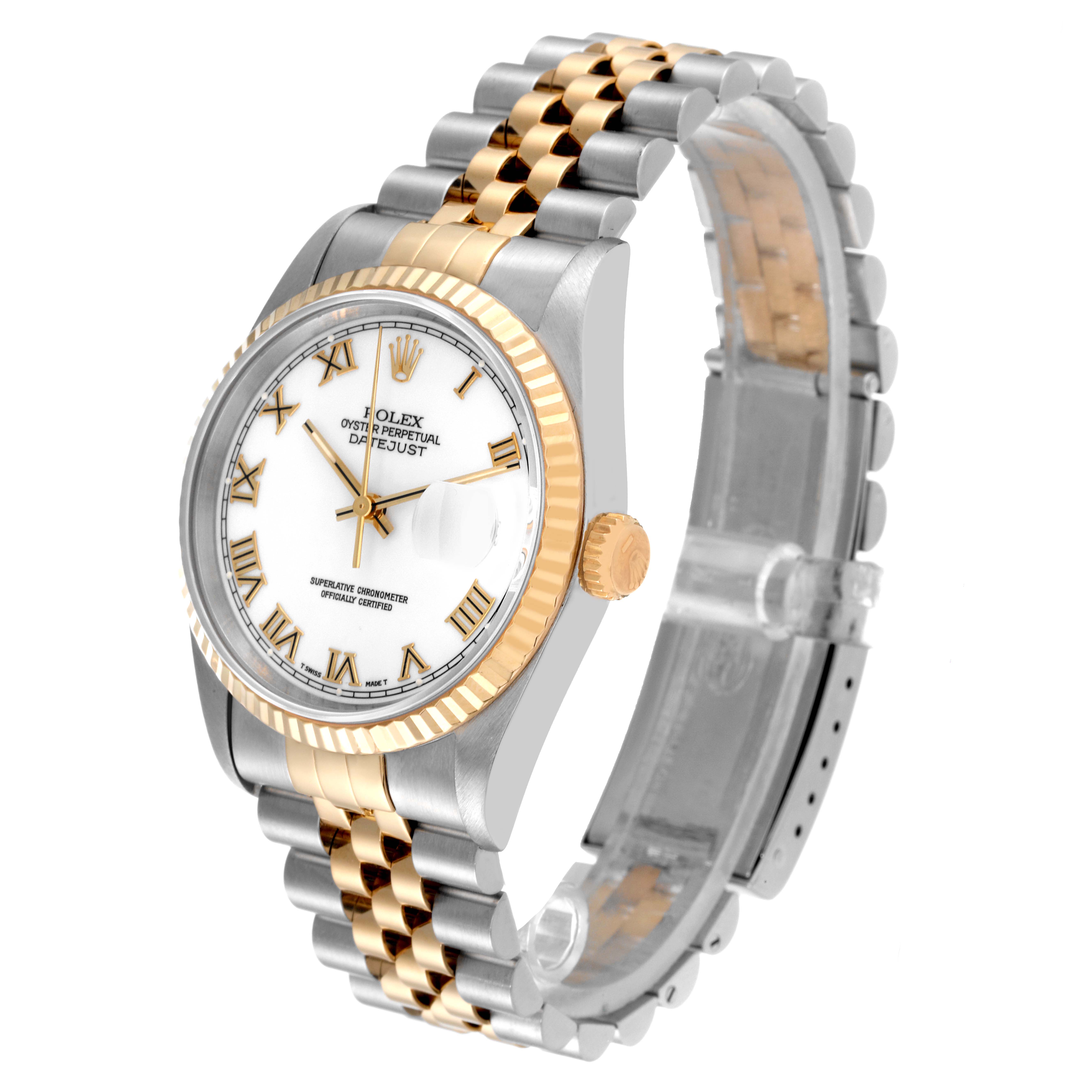 The Rolex Datejust 16233 Men's Steel and Gold (two tone) White Dial 16233 Men's Steel and Gold (two tone) White Dial watch is shown at a slight angle, featuring the face, crown, bezel, and two-tone bracelet.