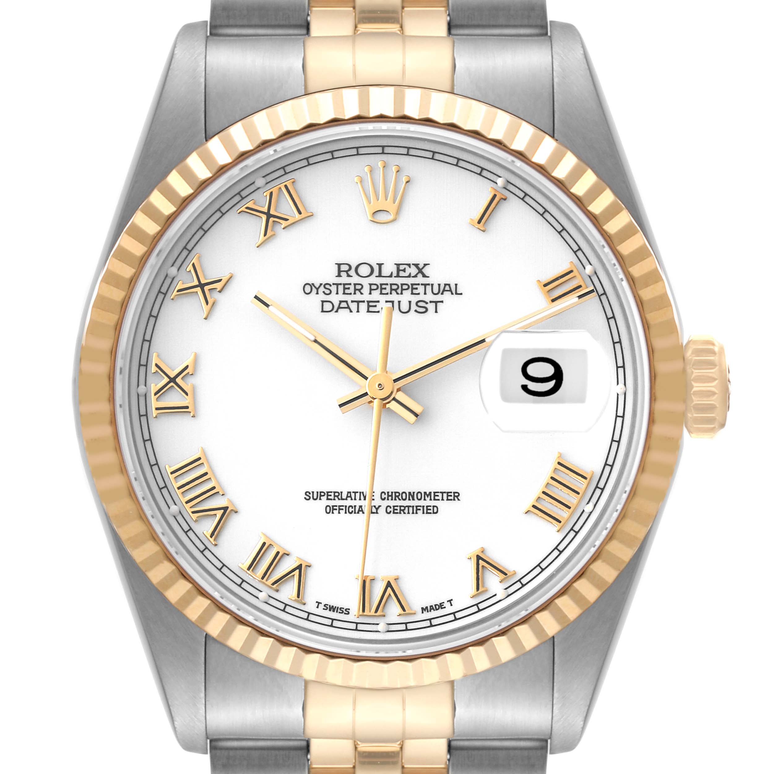 This image shows a front view of the Rolex Datejust 16233 Men's Steel and Gold (two tone) White Dial 16233 Men's Steel and Gold (two tone) White Dial watch, displaying its face, crown, and part of the bracelet.