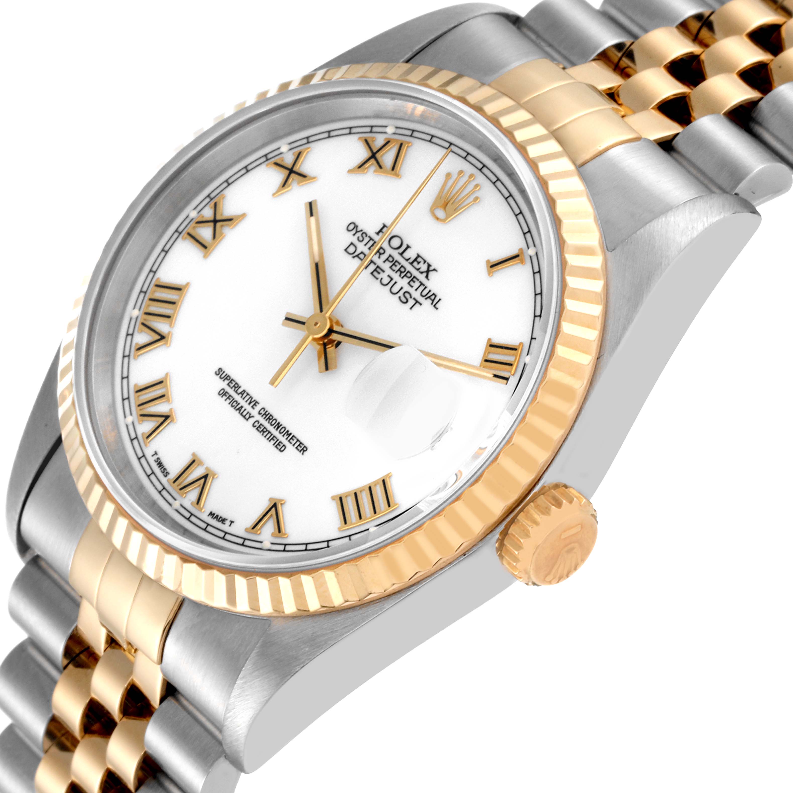 The Rolex Datejust 16233 Men's Steel and Gold (two tone) White Dial 16233 Men's Steel and Gold (two tone) White Dial watch is shown at an angle displaying the face, bezel, crown, and part of the two-tone bracelet.