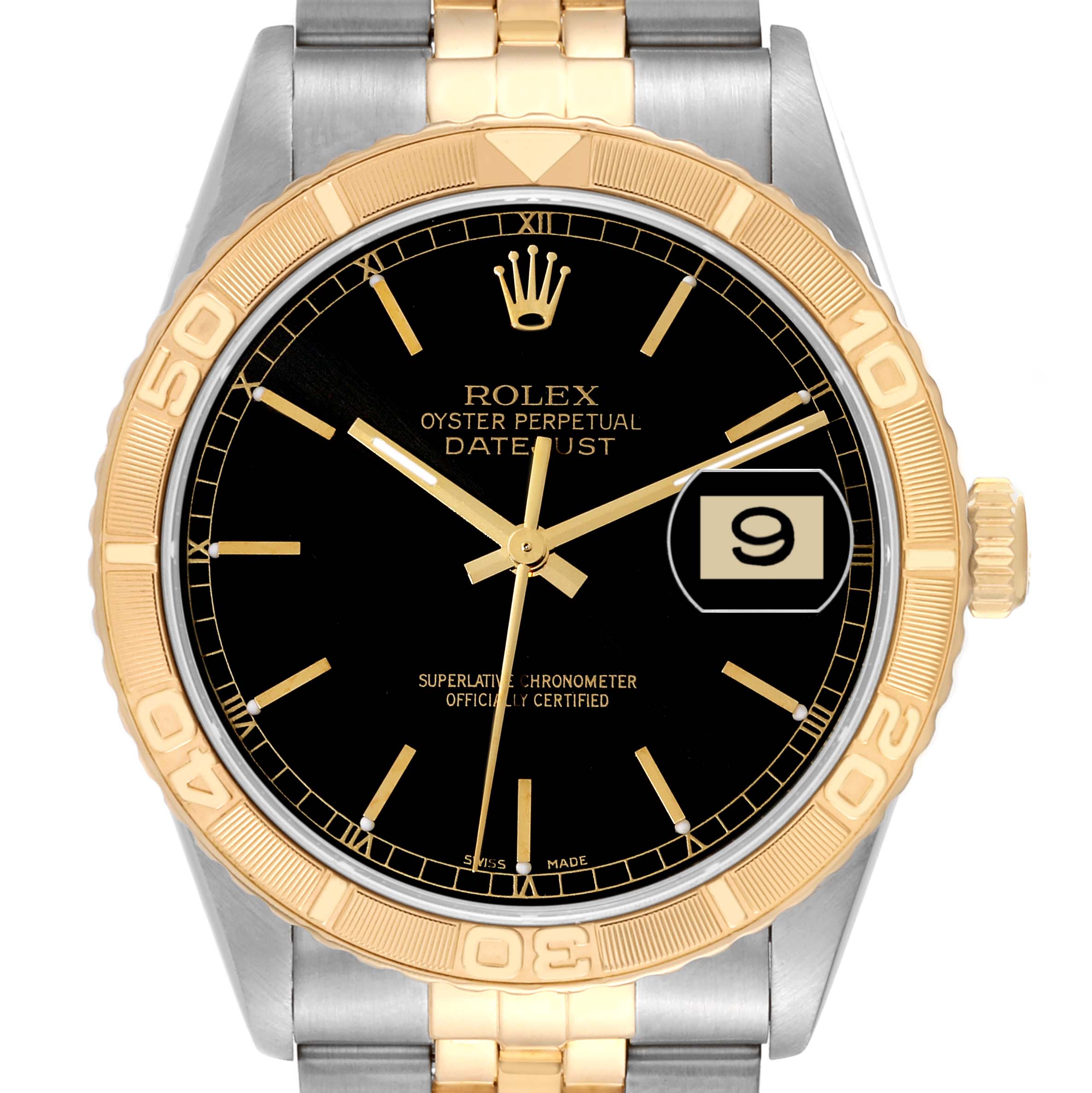 This image shows the front view of a Rolex Turn-o-Graph 16263 Men's Steel and Gold (two tone) Black Dial 16263 Men's Steel and Gold (two tone) Black Dial Datejust watch, displaying its black dial, gold bezel, and two-tone bracelet.