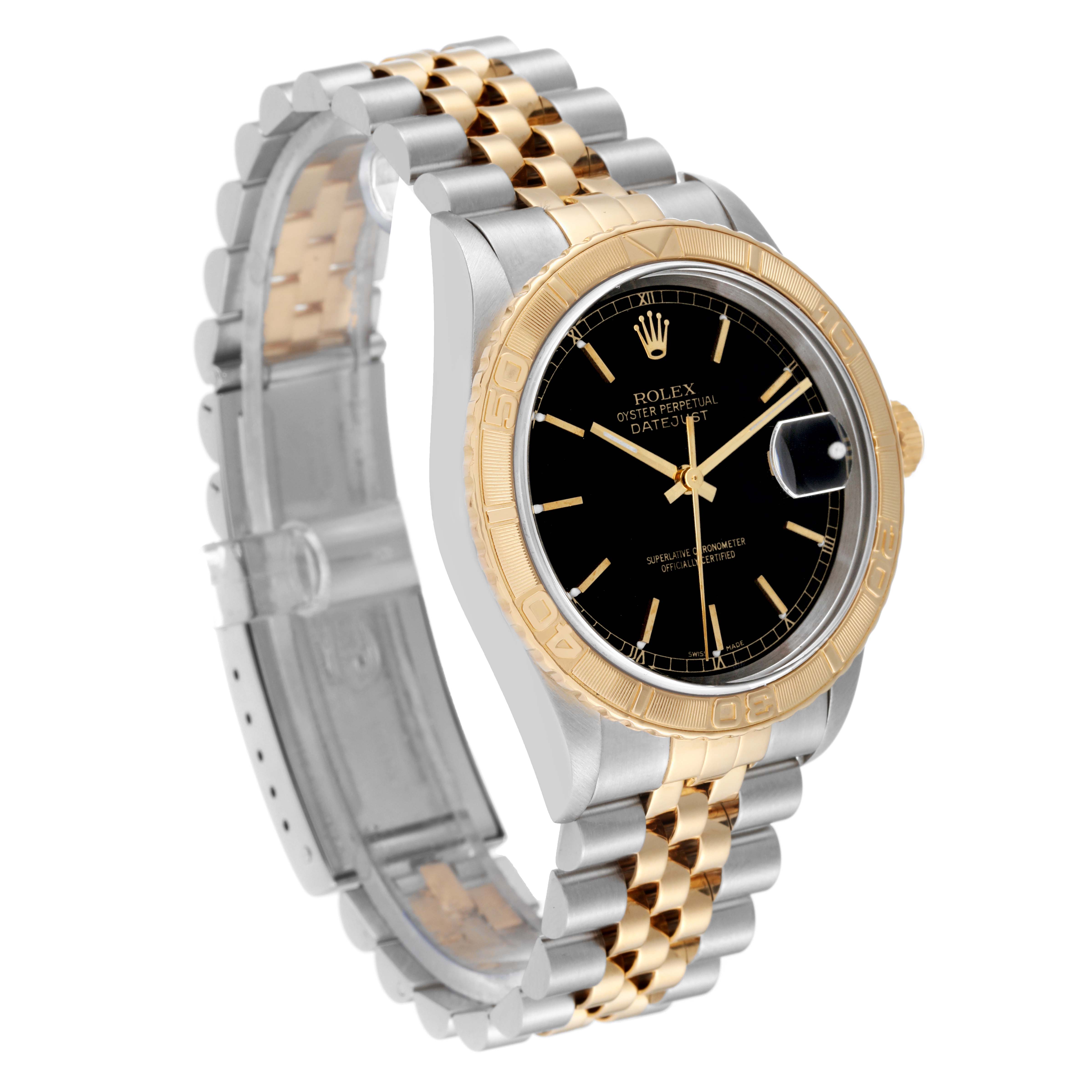 The Rolex Turn-o-Graph 16263 Men's Steel and Gold (two tone) Black Dial 16263 Men's Steel and Gold (two tone) Black Dial watch is shown at a three-quarter angle, displaying the face, crown, and bracelet.