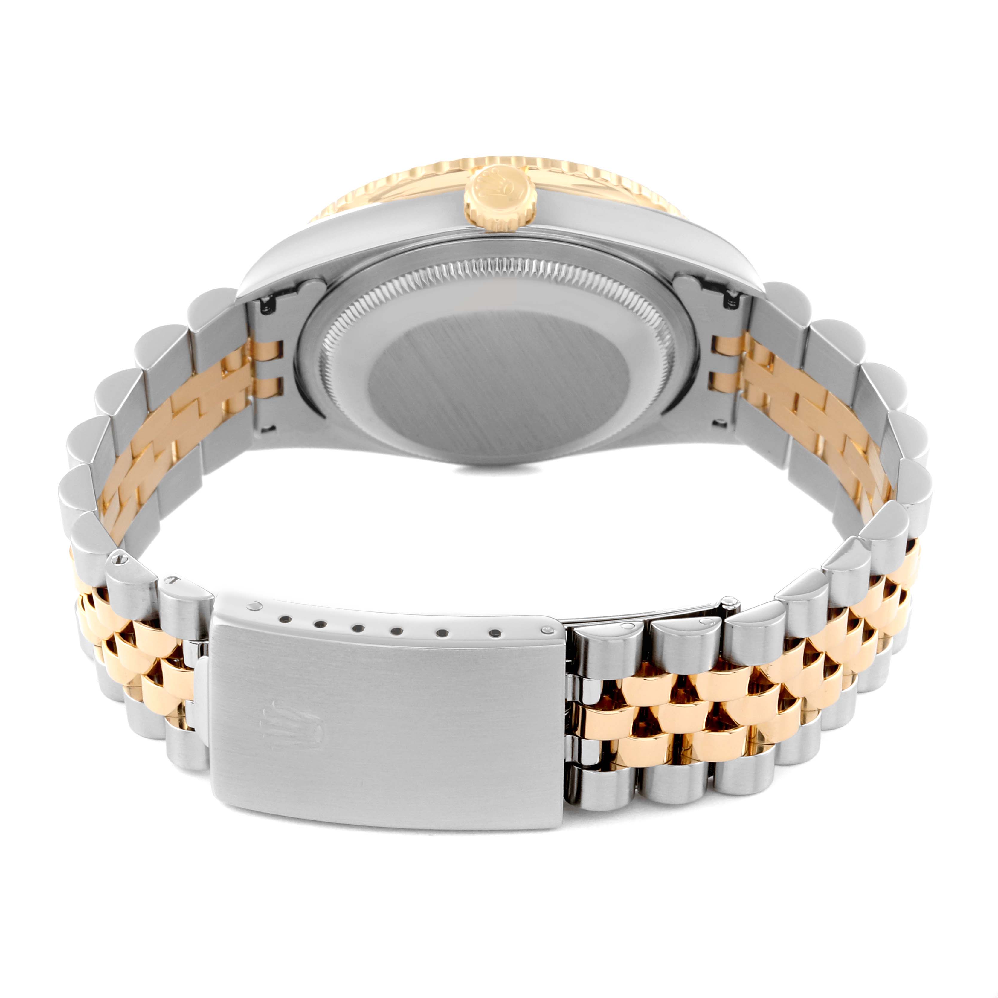 The image shows the back of a Rolex Turn-o-Graph 16263 Men's Steel and Gold (two tone) Black Dial 16263 Men's Steel and Gold (two tone) Black Dial watch, displaying the case back, crown, and two-tone bracelet.