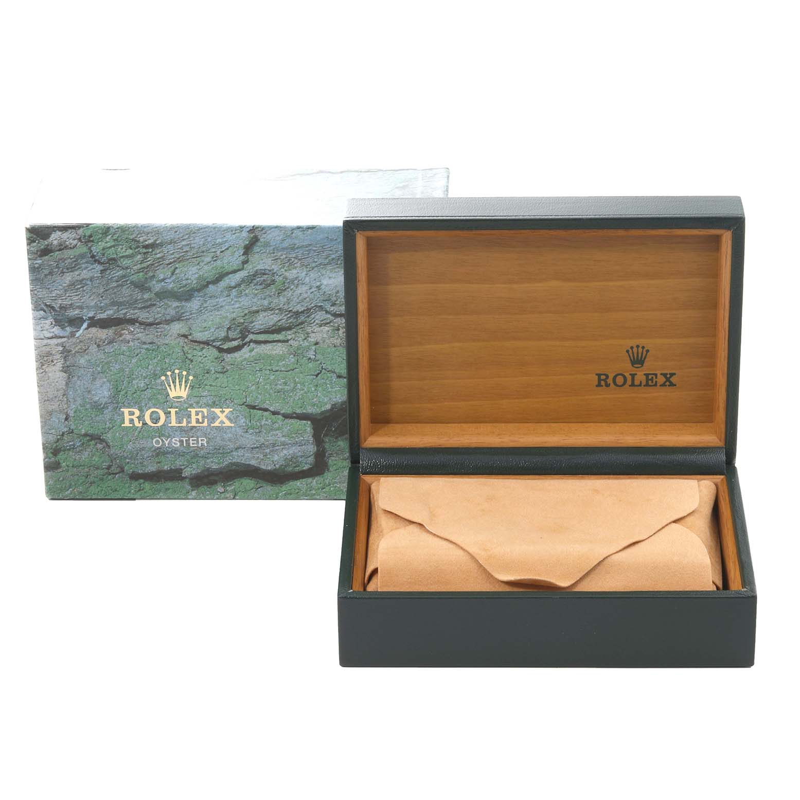 The image shows an open Rolex box for the Turn-o-Graph model with a green outer box and a tan pouch inside.