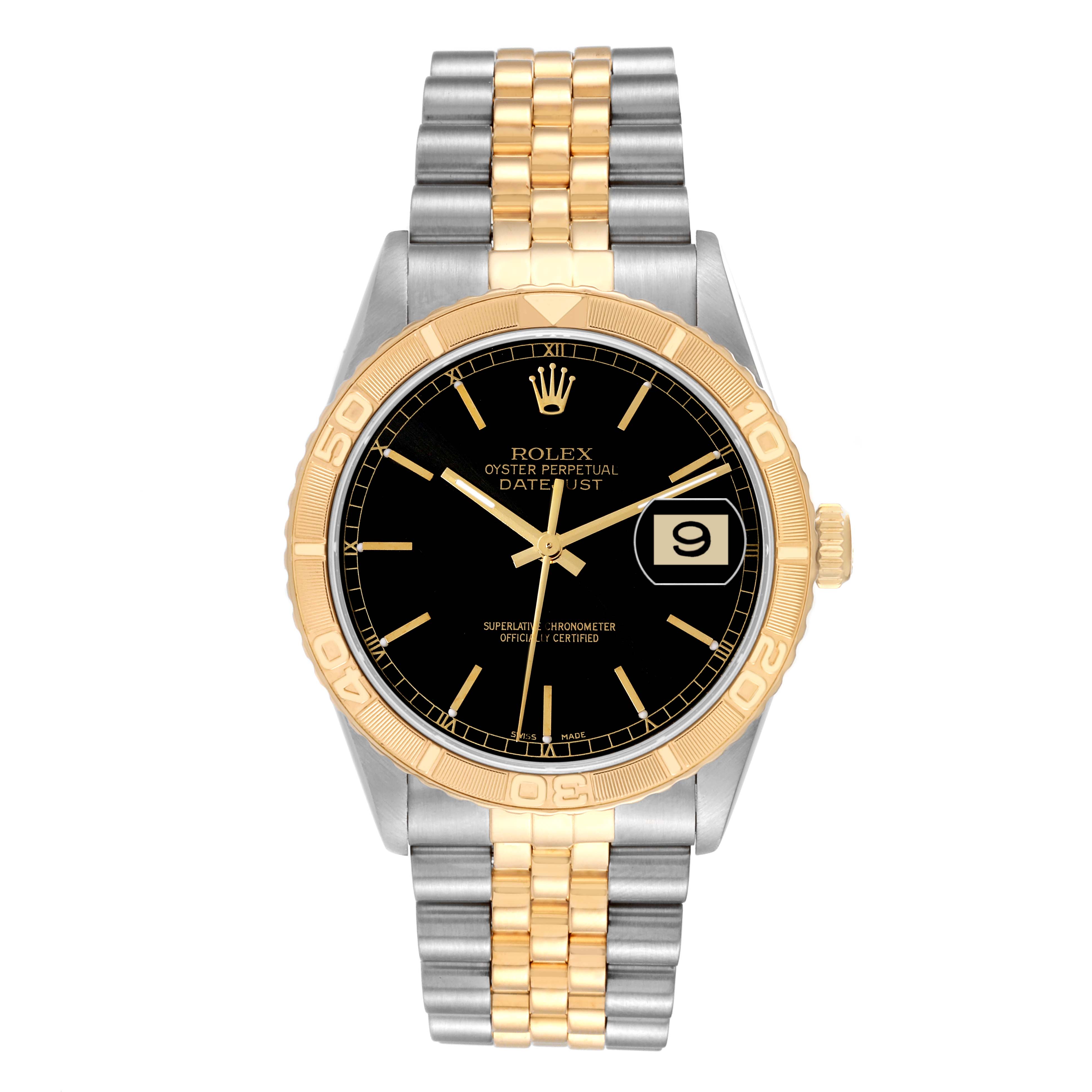 This Rolex Turn-o-Graph 16263 Men's Steel and Gold (two tone) Black Dial 16263 Men's Steel and Gold (two tone) Black Dial watch is shown from a top-down angle, highlighting its two-tone bracelet, black dial, and gold bezel.