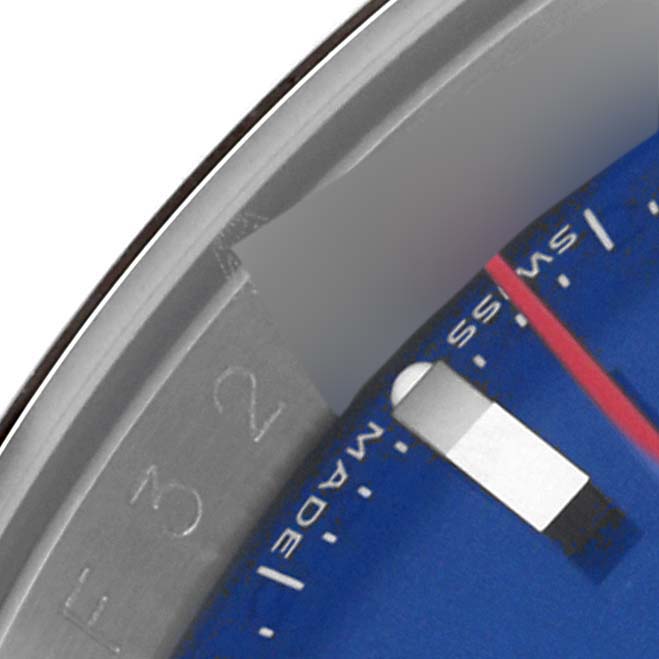The image shows a close-up of the dial and bezel of a Rolex Turn-o-Graph 116264 Men
s Stainless Steel Blue Dial 116264 Men
s Stainless Steel Blue Dial watch from an angled side view.