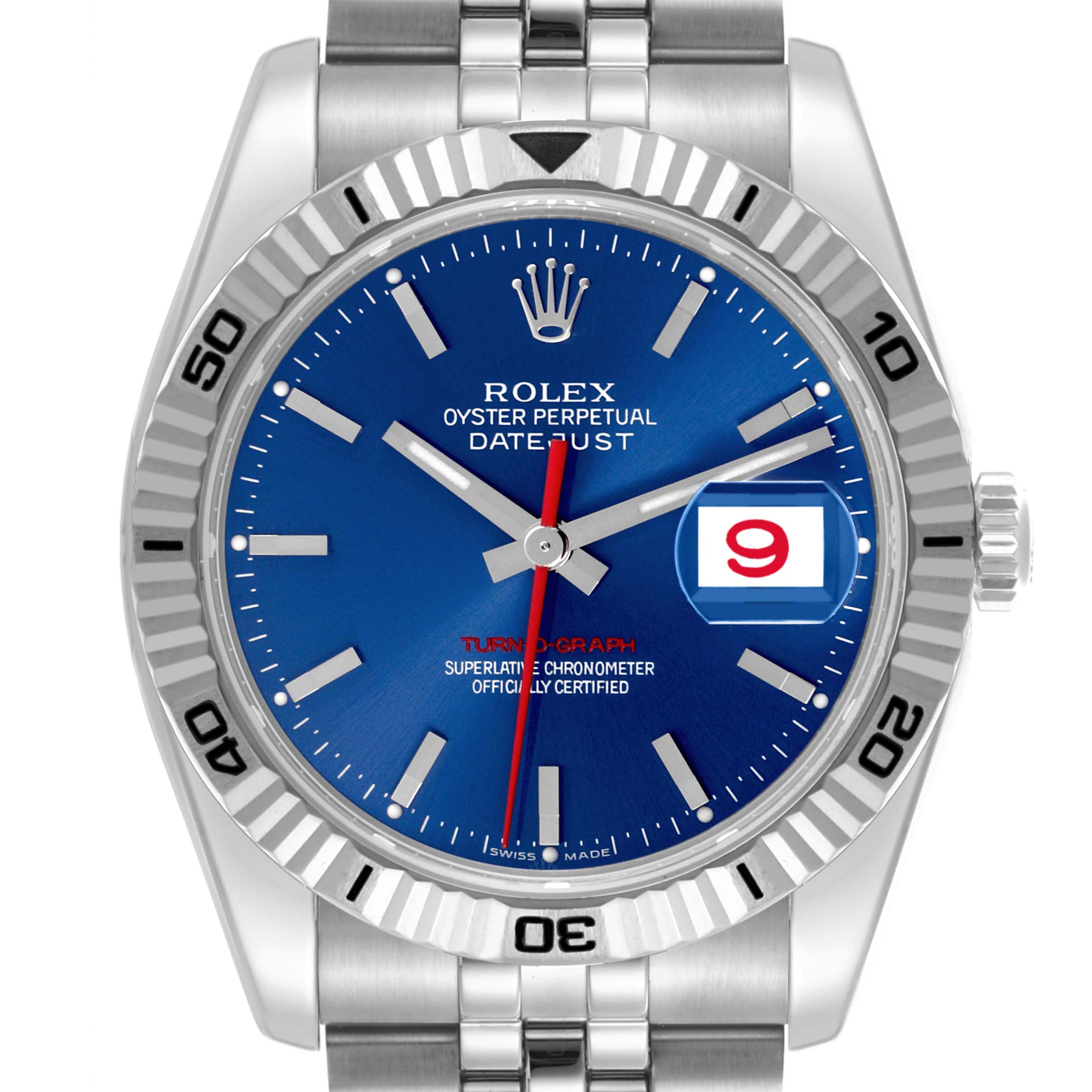 The Rolex Turn-o-Graph 116264 Men
s Stainless Steel Blue Dial 116264 Men
s Stainless Steel Blue Dial watch is shown from a front angle, displaying its face, bezel, and part of the bracelet.