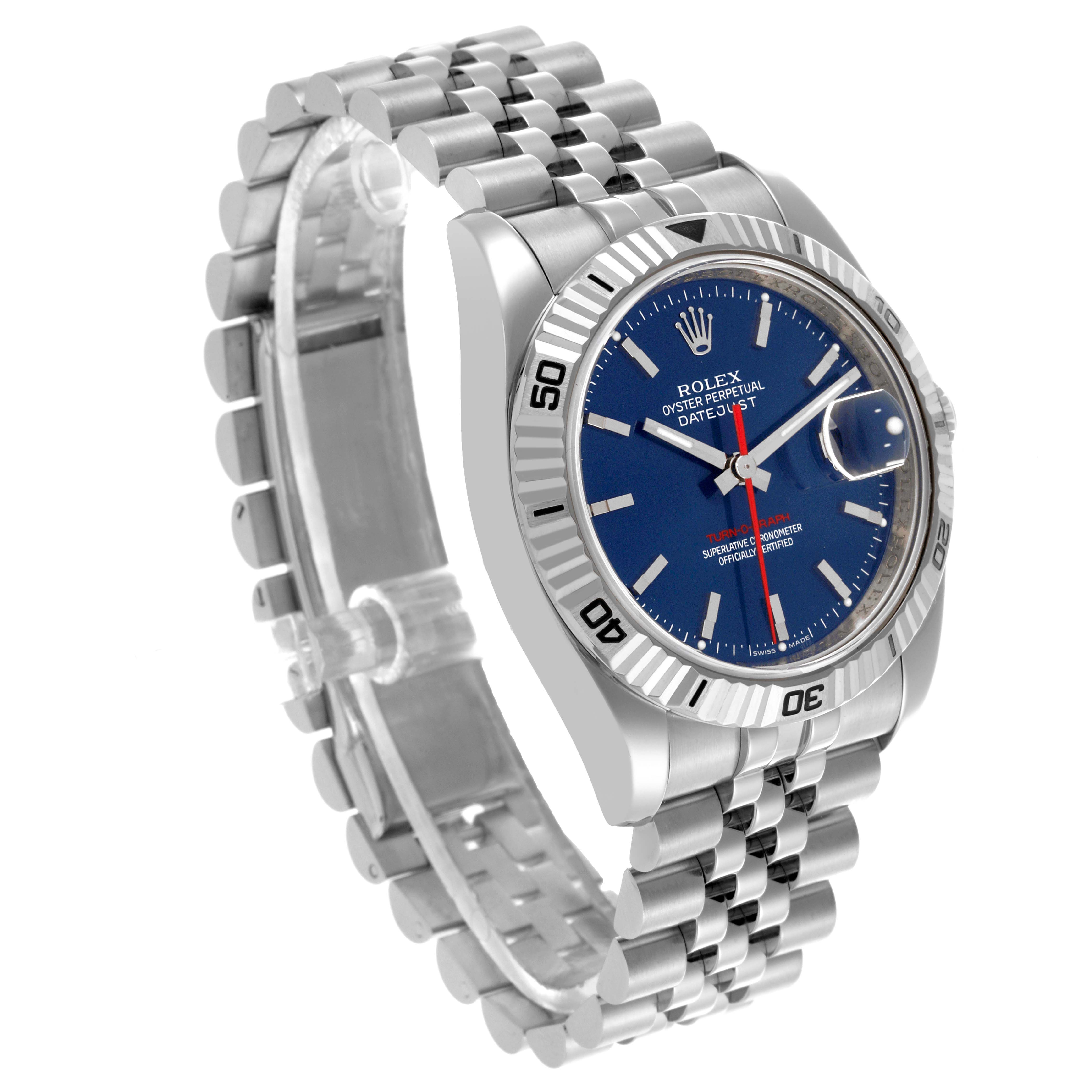 The Rolex Turn-o-Graph 116264 Men
s Stainless Steel Blue Dial 116264 Men
s Stainless Steel Blue Dial watch is shown at a three-quarter angle, displaying the face, bezel, and bracelet clearly.