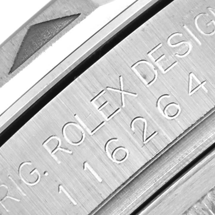 The image shows a close-up of the engraving on the side of the case, displaying the model number of the Rolex Turn-o-Graph 116264 Men
s Stainless Steel Blue Dial 116264 Men
s Stainless Steel Blue Dial.
