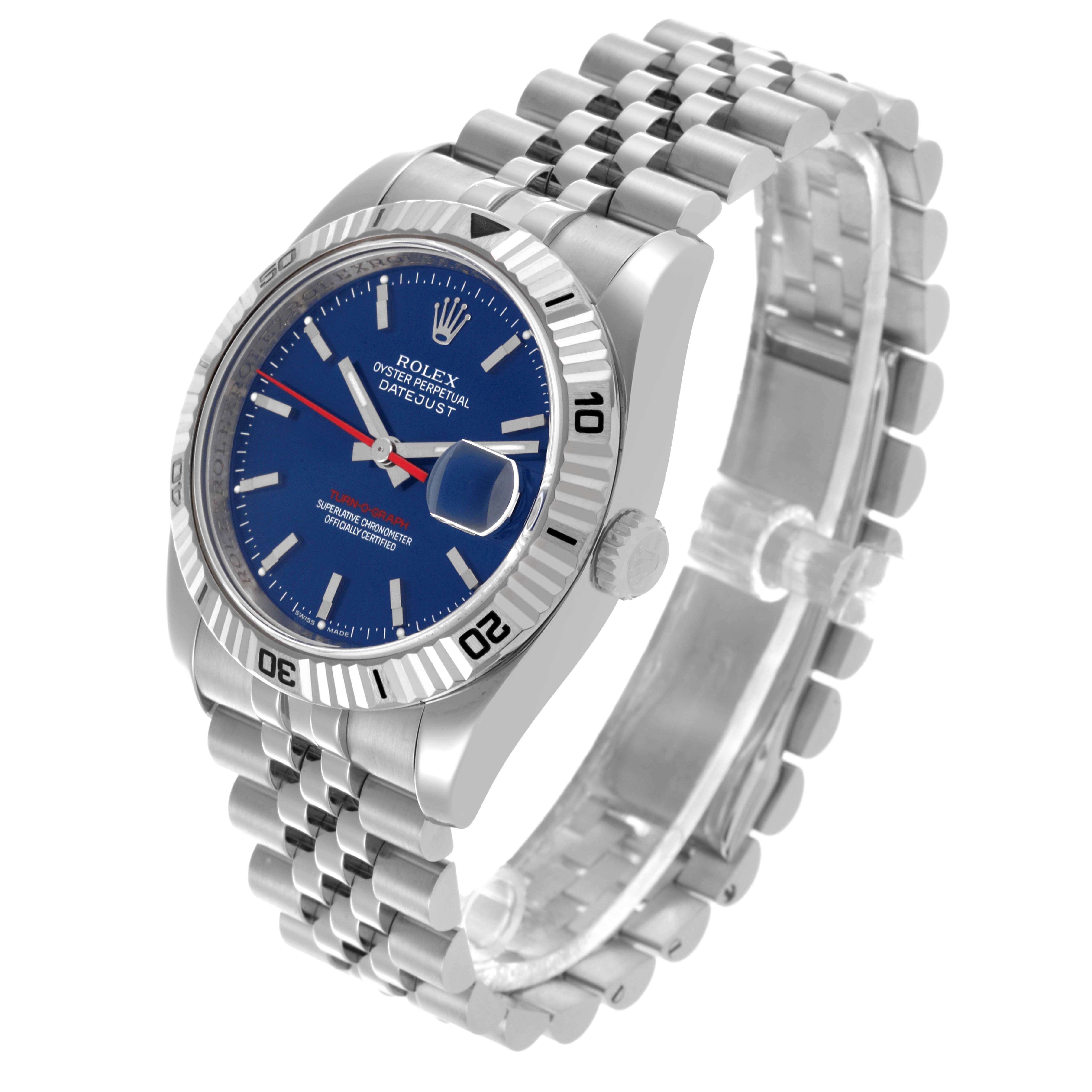 The Rolex Turn-o-Graph 116264 Men
s Stainless Steel Blue Dial 116264 Men
s Stainless Steel Blue Dial watch is shown at a three-quarter angle, displaying the face, bezel, crown, and bracelet.