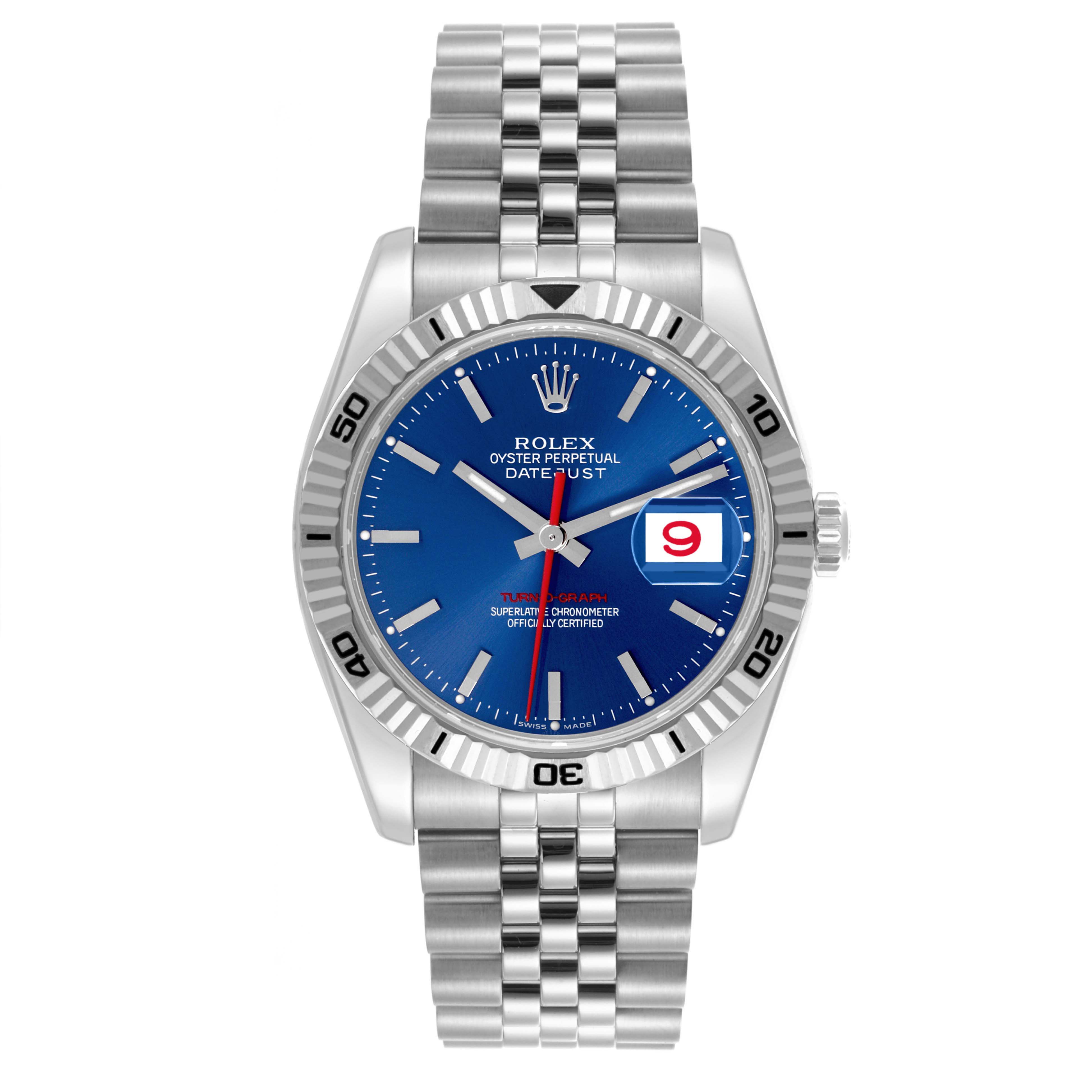 The Rolex Turn-o-Graph 116264 Men
s Stainless Steel Blue Dial 116264 Men
s Stainless Steel Blue Dial watch is shown from a direct frontal angle, displaying the face, bezel, hands, date window, and bracelet.